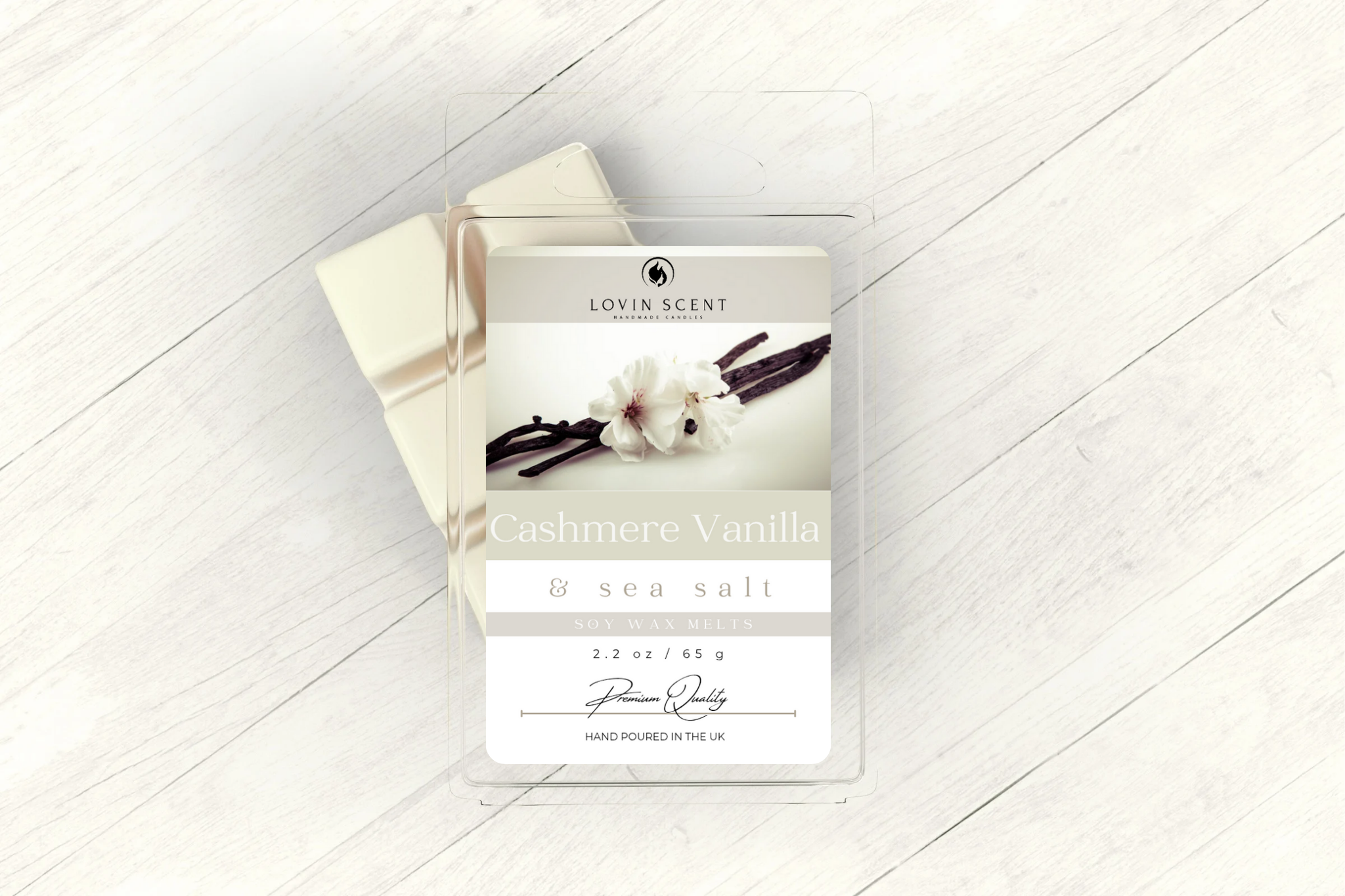Vanilla salt packaging with cashmere vanilla flavor on a white wooden surface