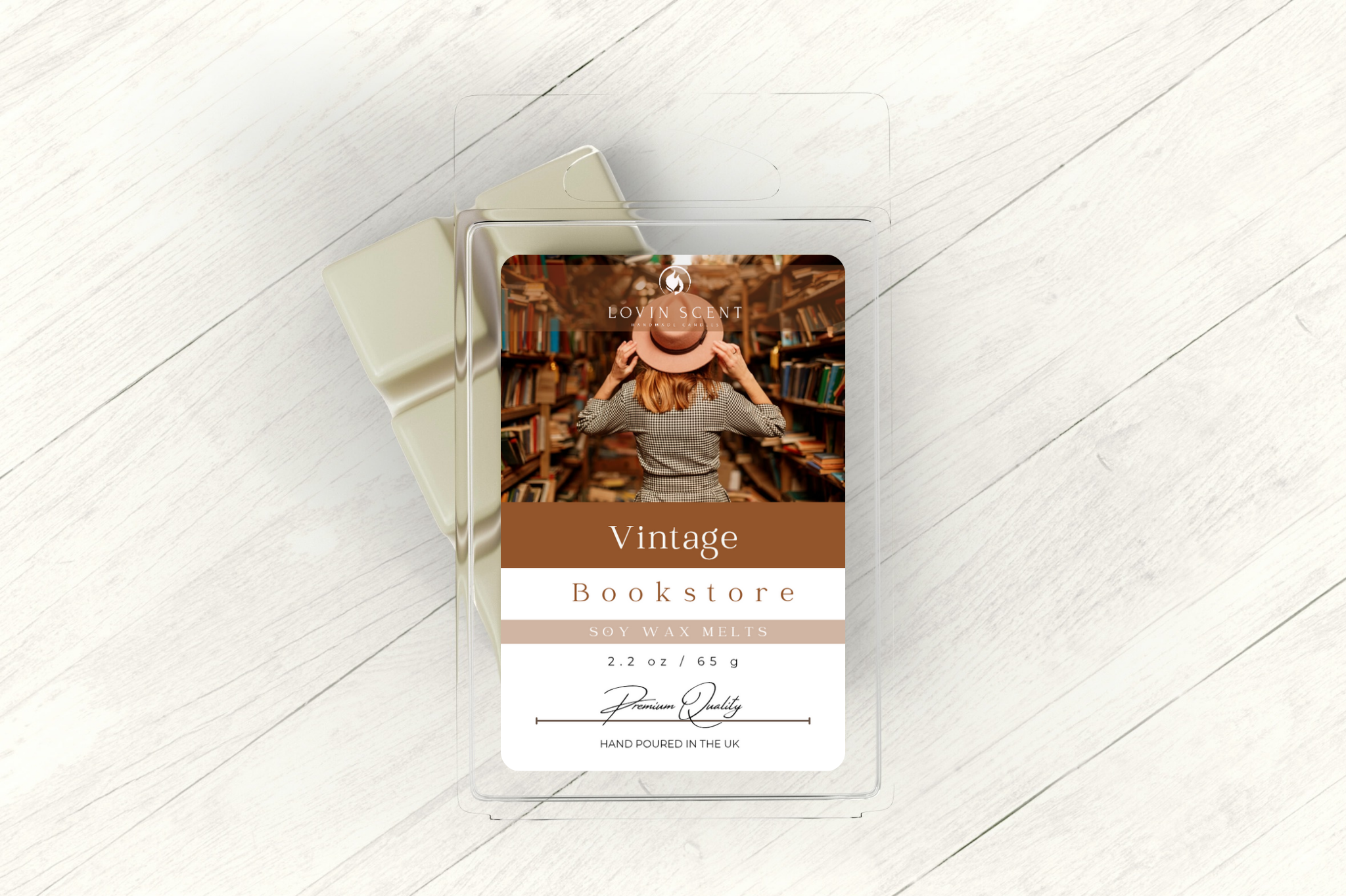 Product packaging with a photo of a woman in a bookstore and text 'Vintage Bookstore' on a white surface.