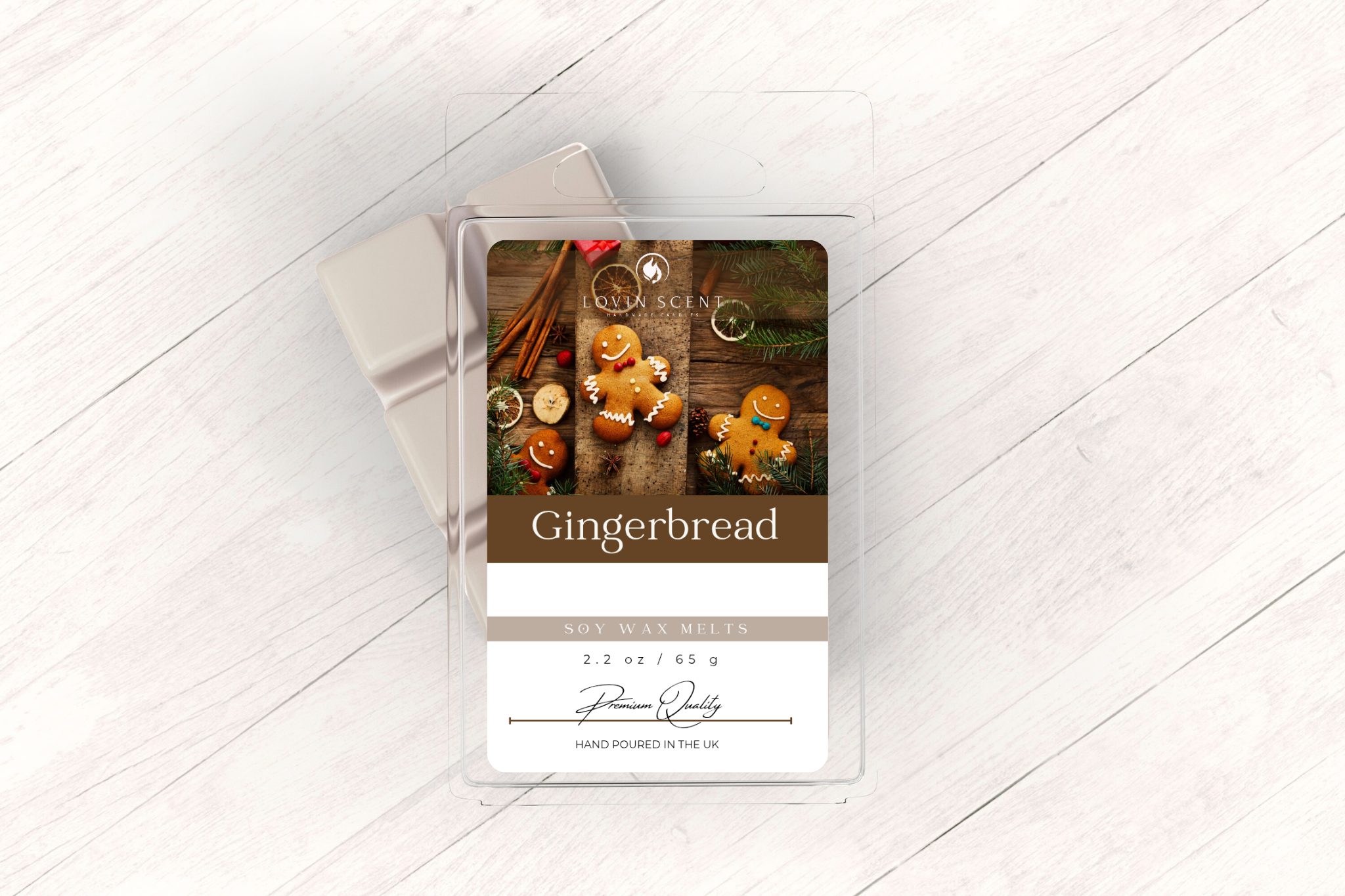 Gingerbread packaging with cookies and spices on a wooden surface