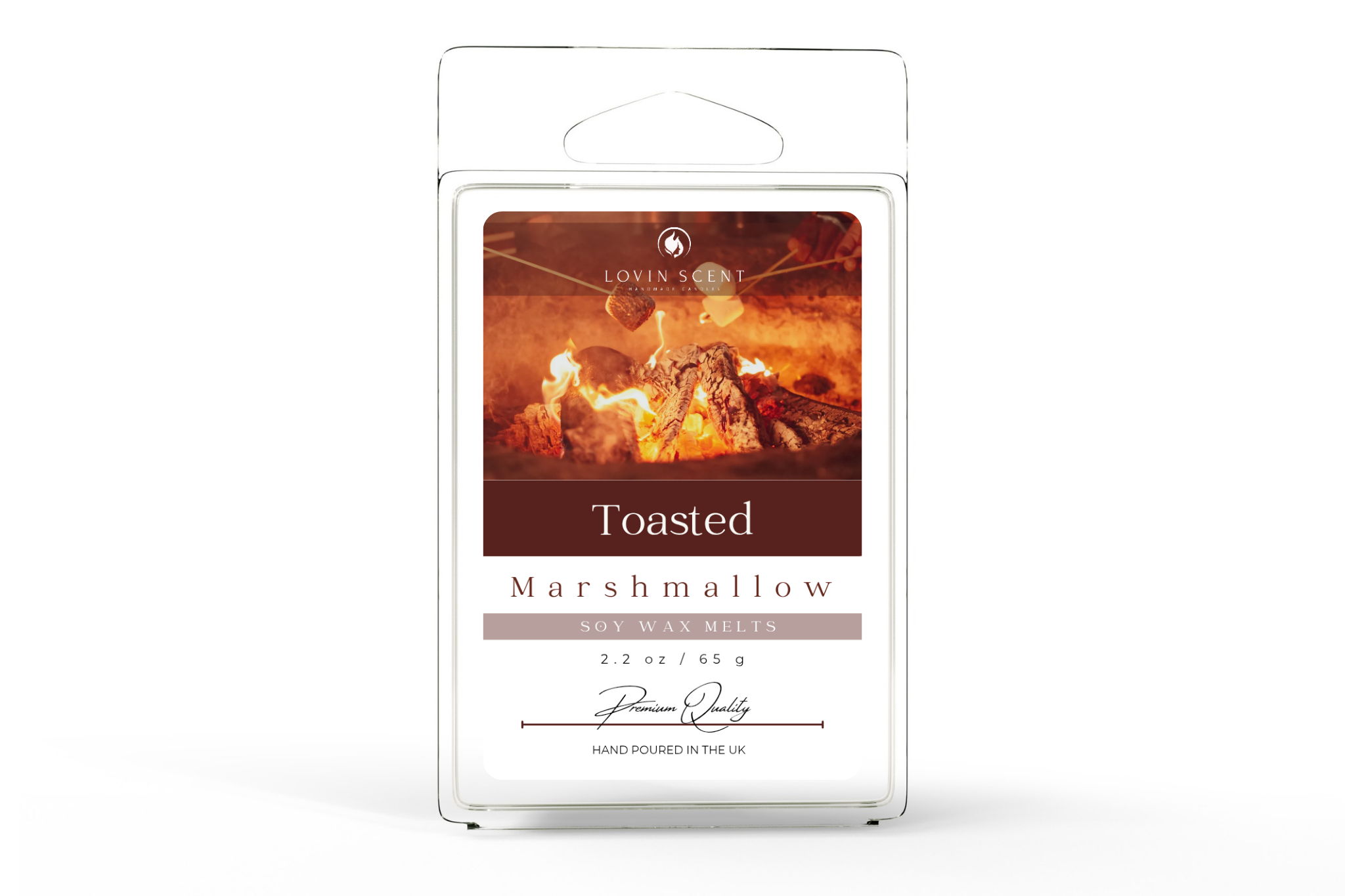 Packaging of Toasted Marshmallow soy wax melts with a fire-themed design on a white background.