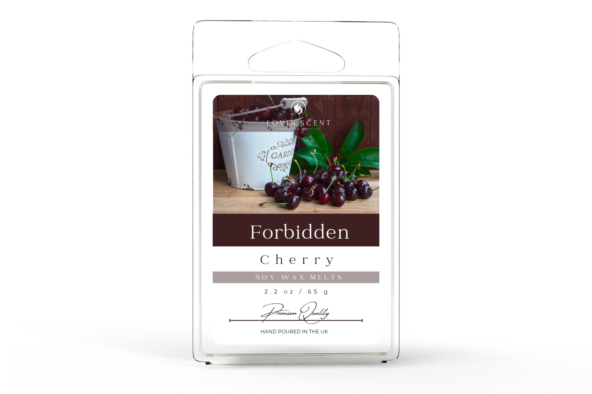 Wax melt packaging labeled 'Forbidden Cherry' with a cherry image on a white background