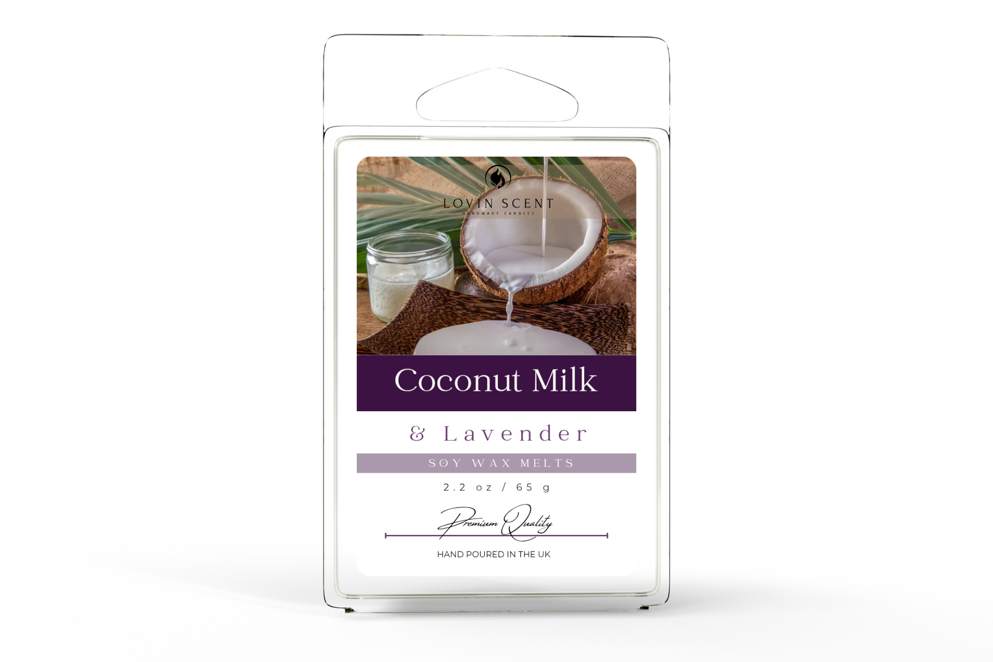 Packaging of Coconut Milk & Lavender scented wax melts with a coconut image on a white background.