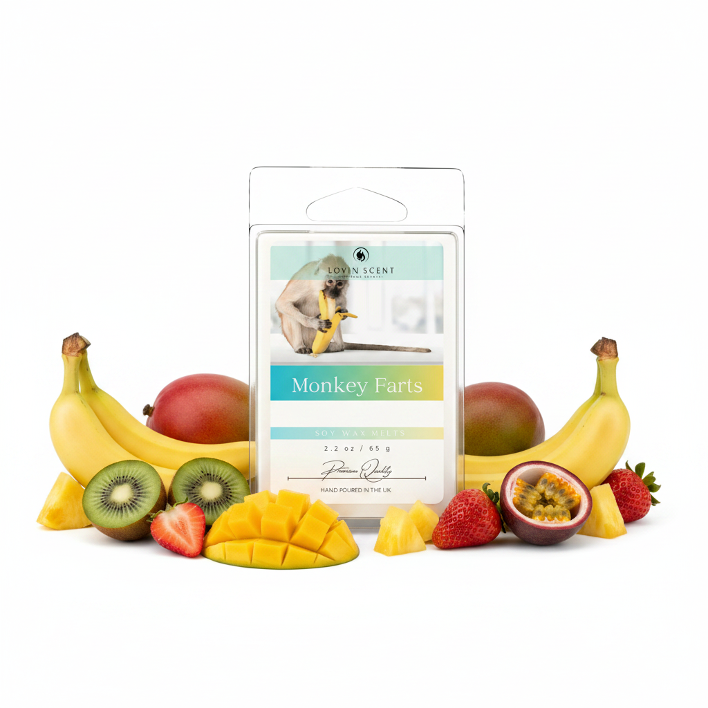 Lovinscent Monkey Farts soy wax melts in a colorful, fruity-floral scent, displayed in a clear container with multiple wax pieces.