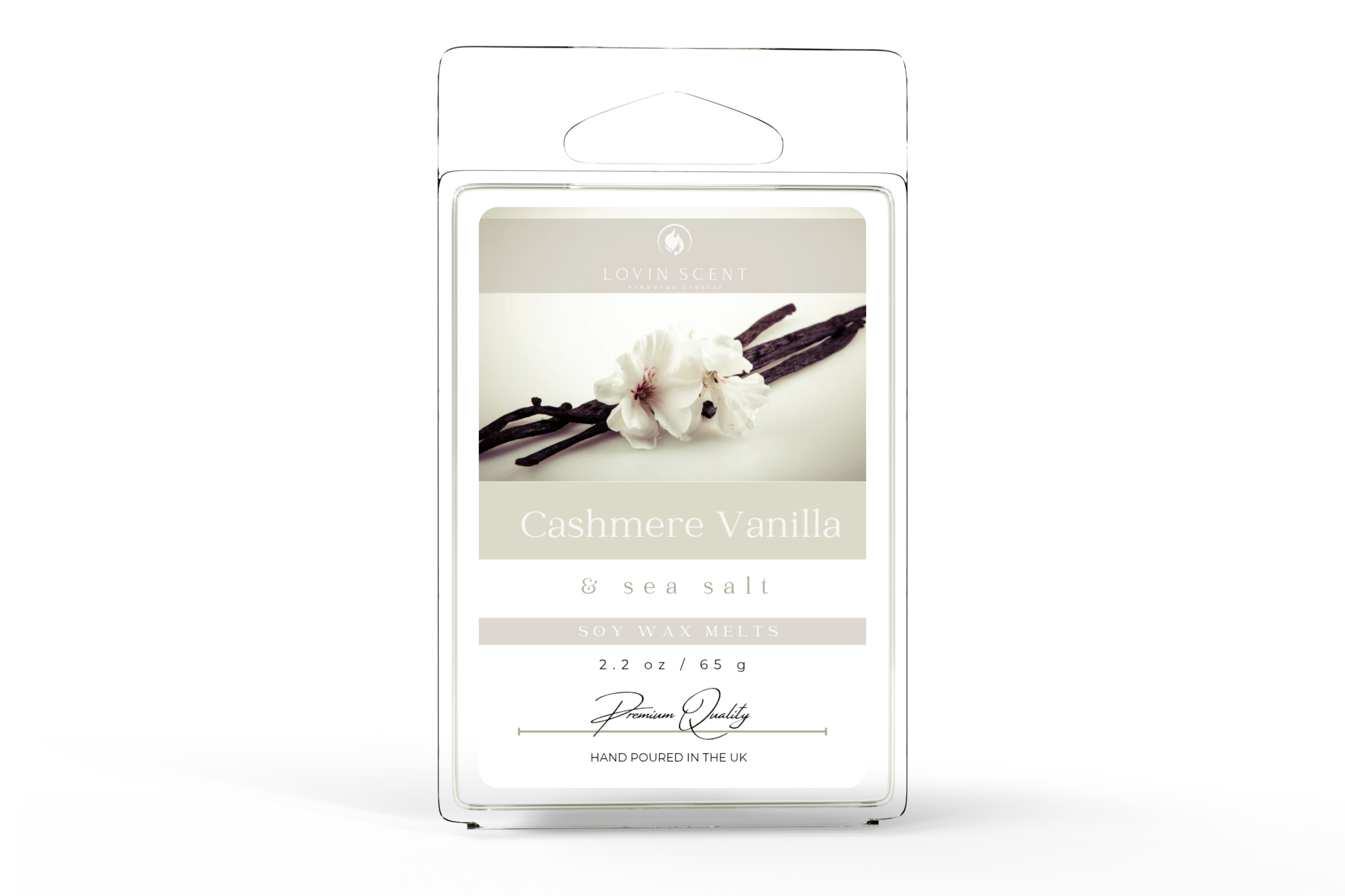 Cashmere Vanilla wax melt package with vanilla beans and flowers on a white background