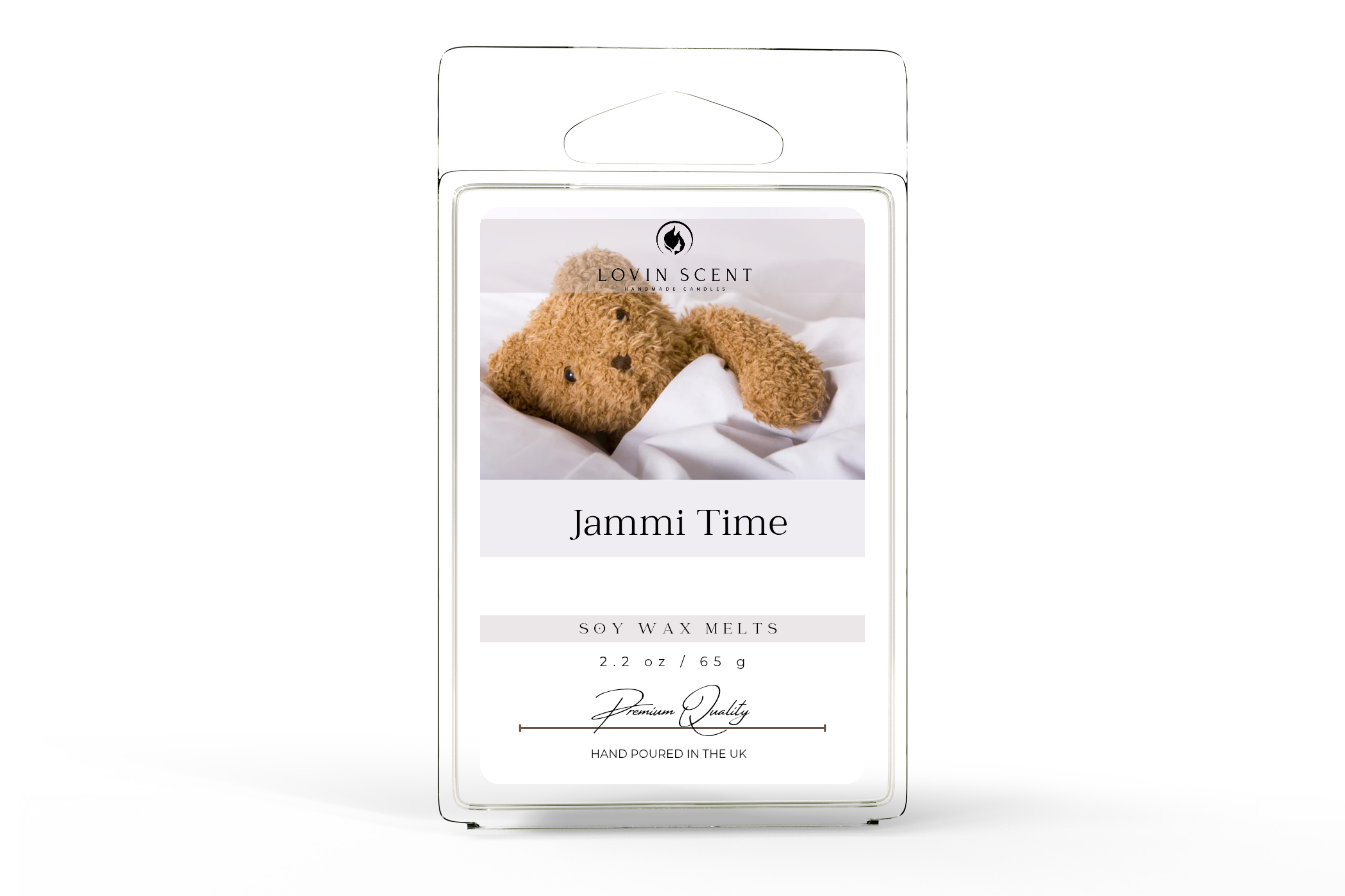 Soy wax melt package with teddy bear design and 'Jammi Time' text on a white background