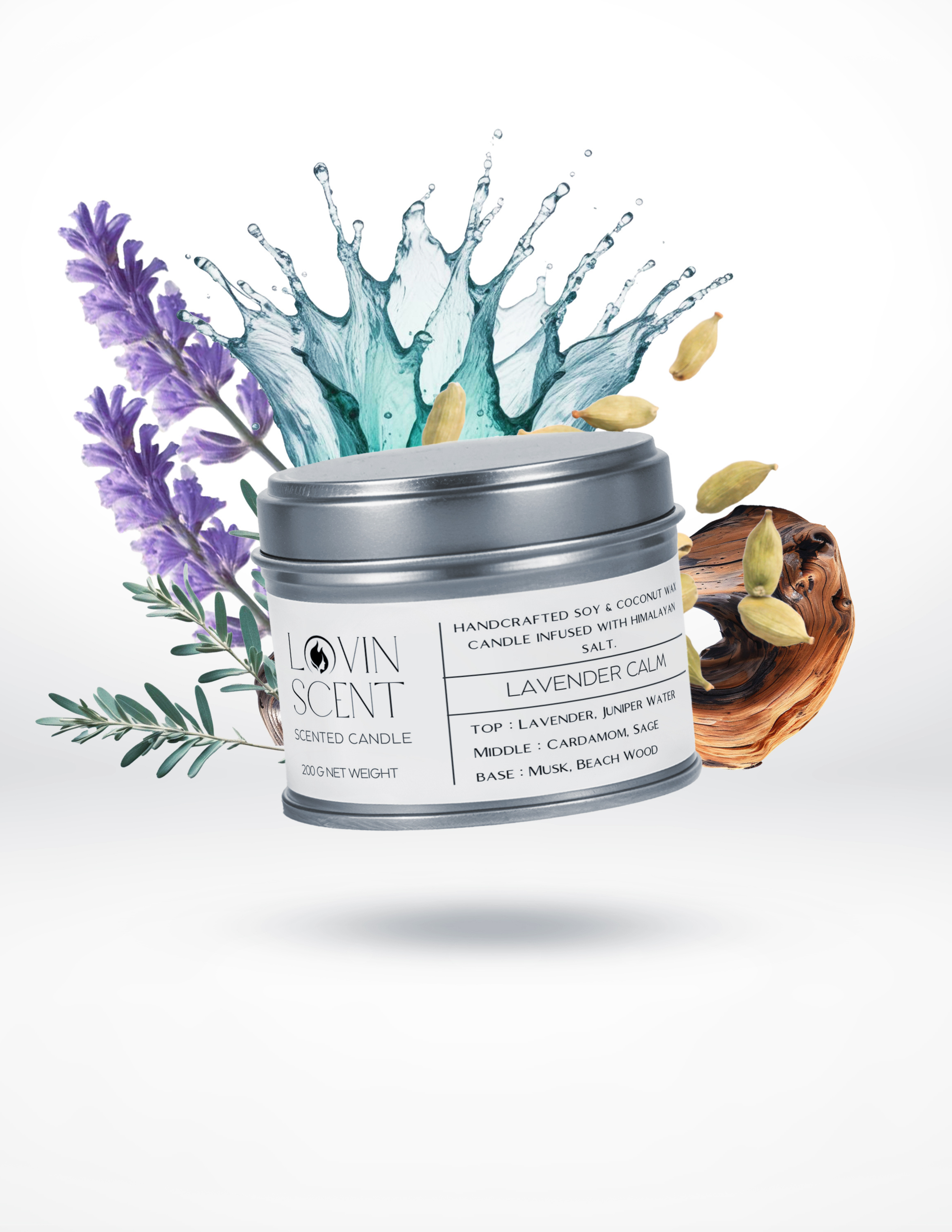 Candle jar with lavender and water splash on a white background