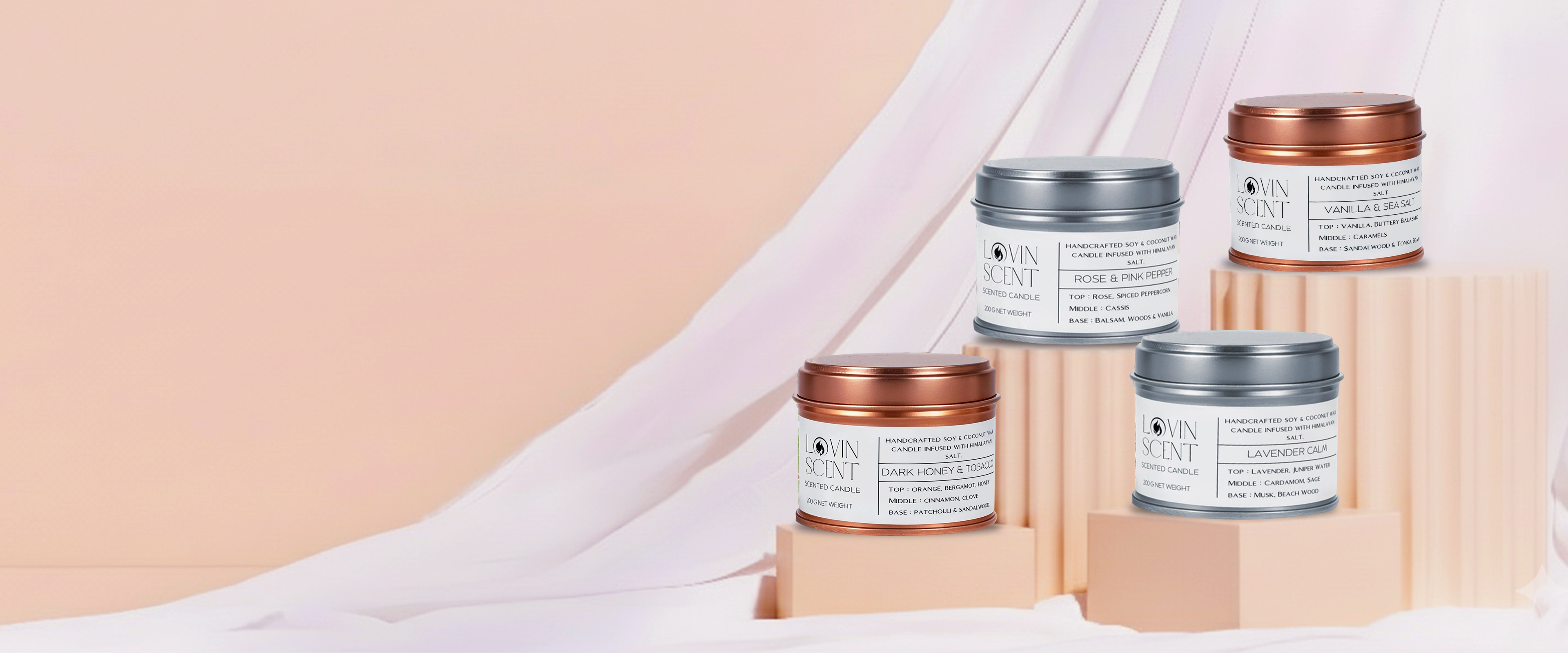 Set of skincare jars with visible brand name on a neutral background