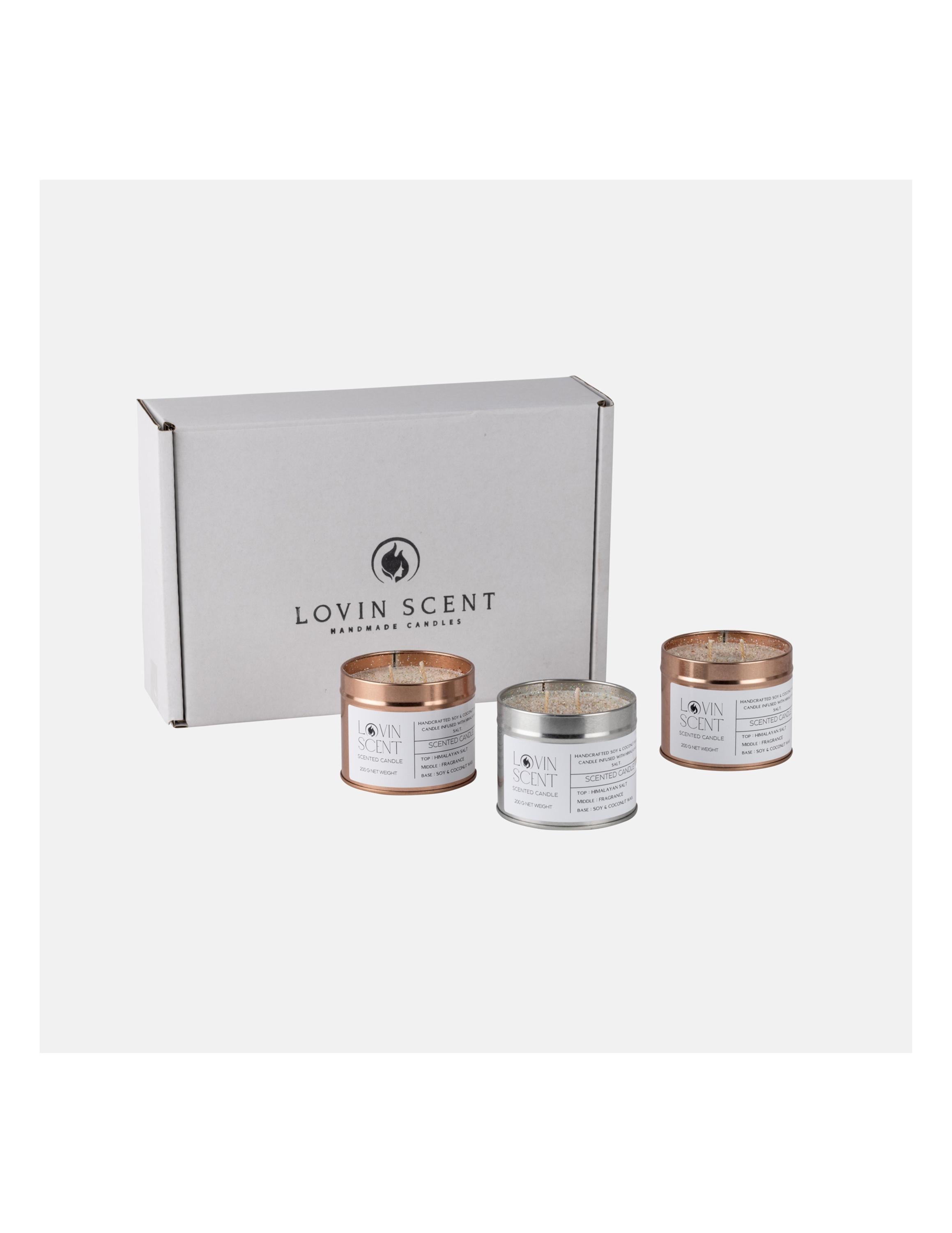 Set of candles with 'Lovin Scent' branding on a white background