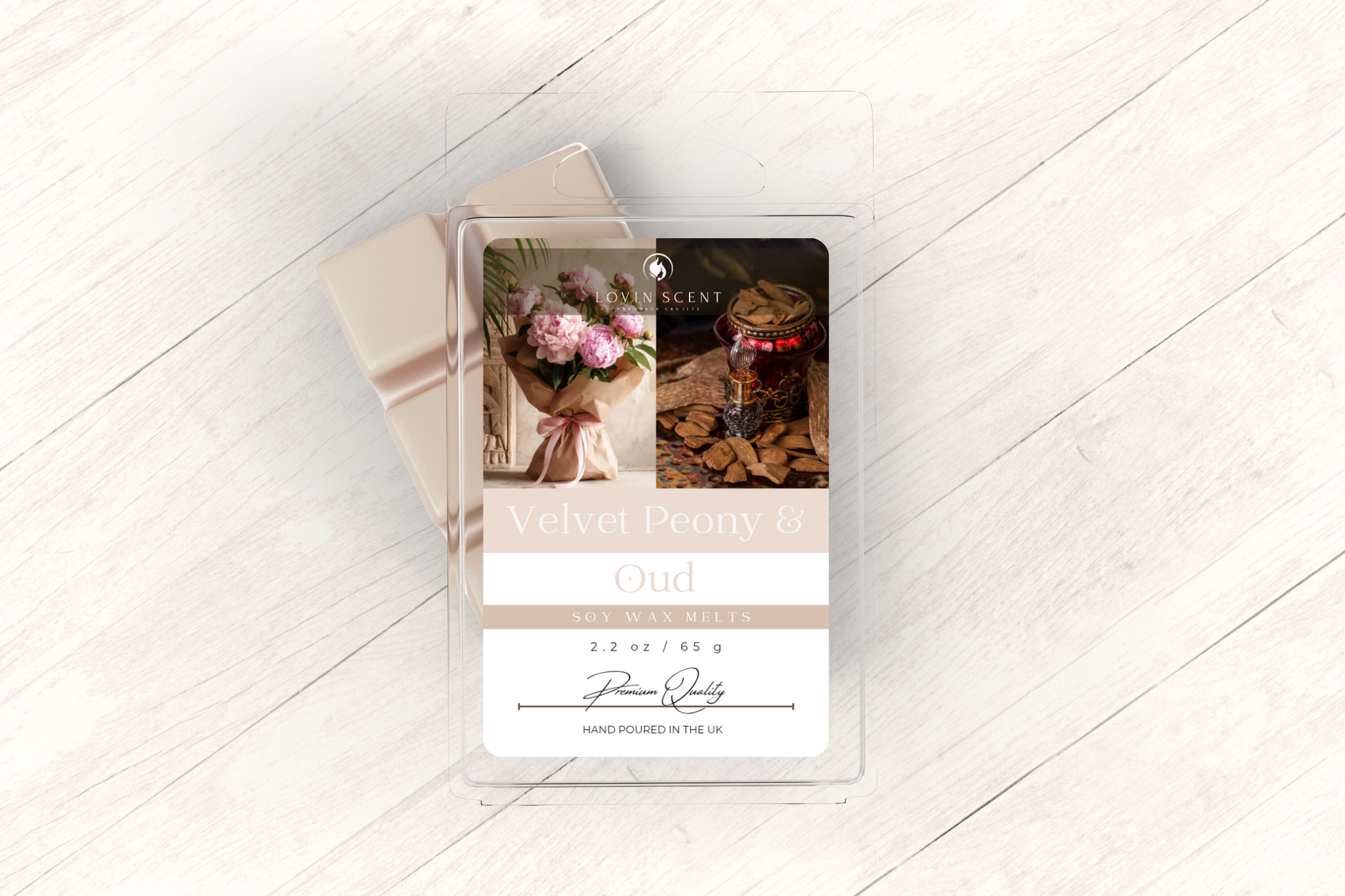 Product packaging with floral design on a light wooden surface