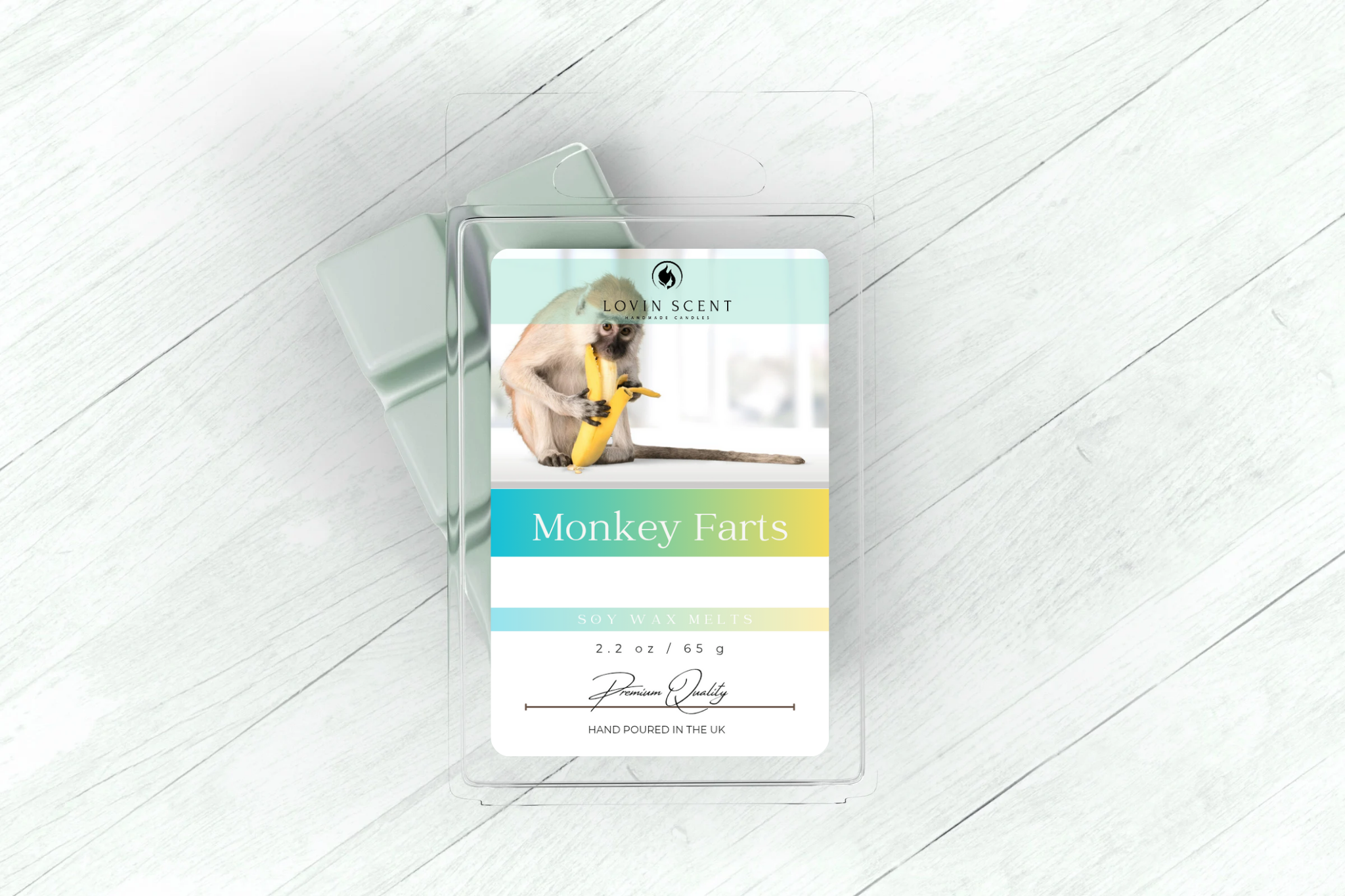 Product packaging labeled 'Monkey Farts' on a white wooden surface