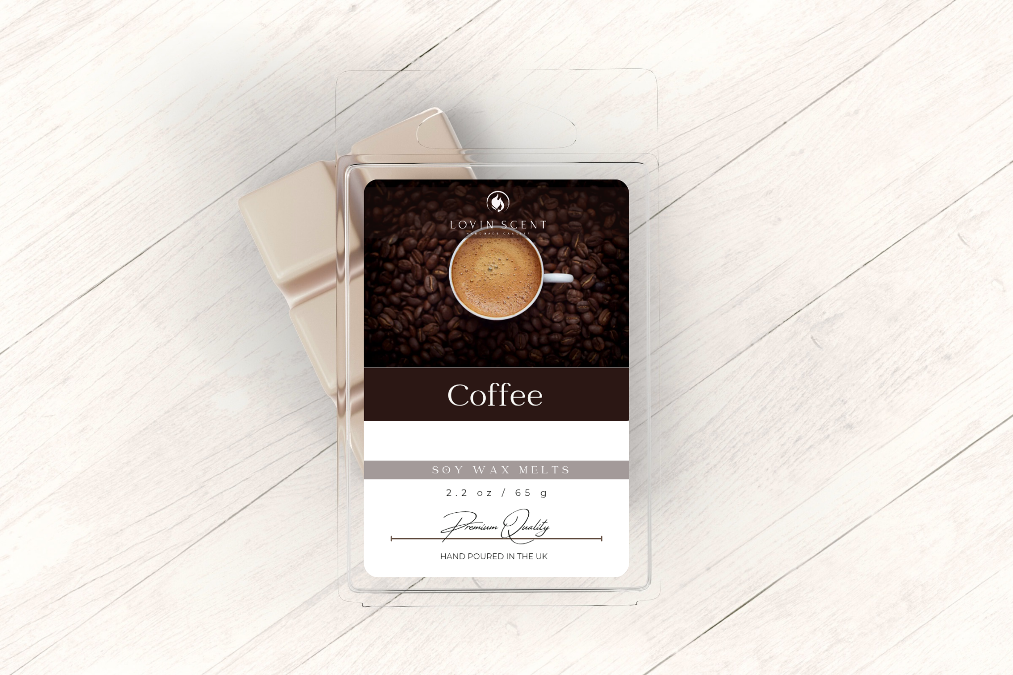 Coffee packaging on a white wooden surface