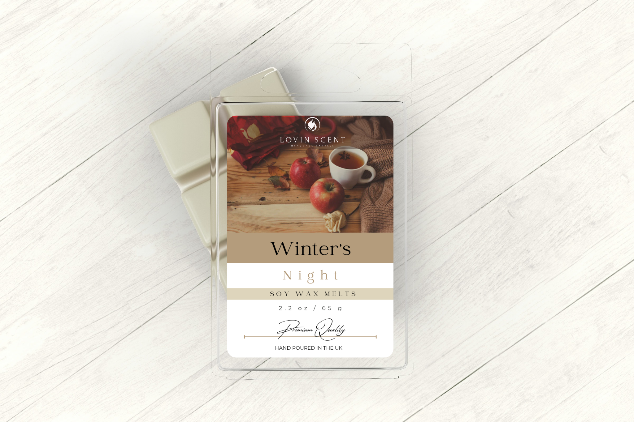 Oxide & Co. Winter's Night soy wax melt packaging on a white wooden surface