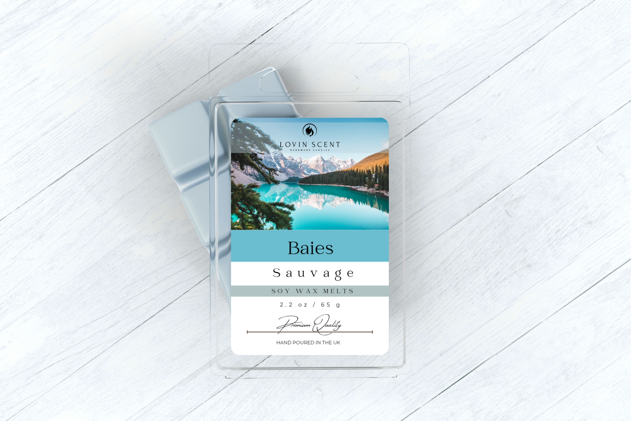 Wax melt packaging with scenic label on a white surface