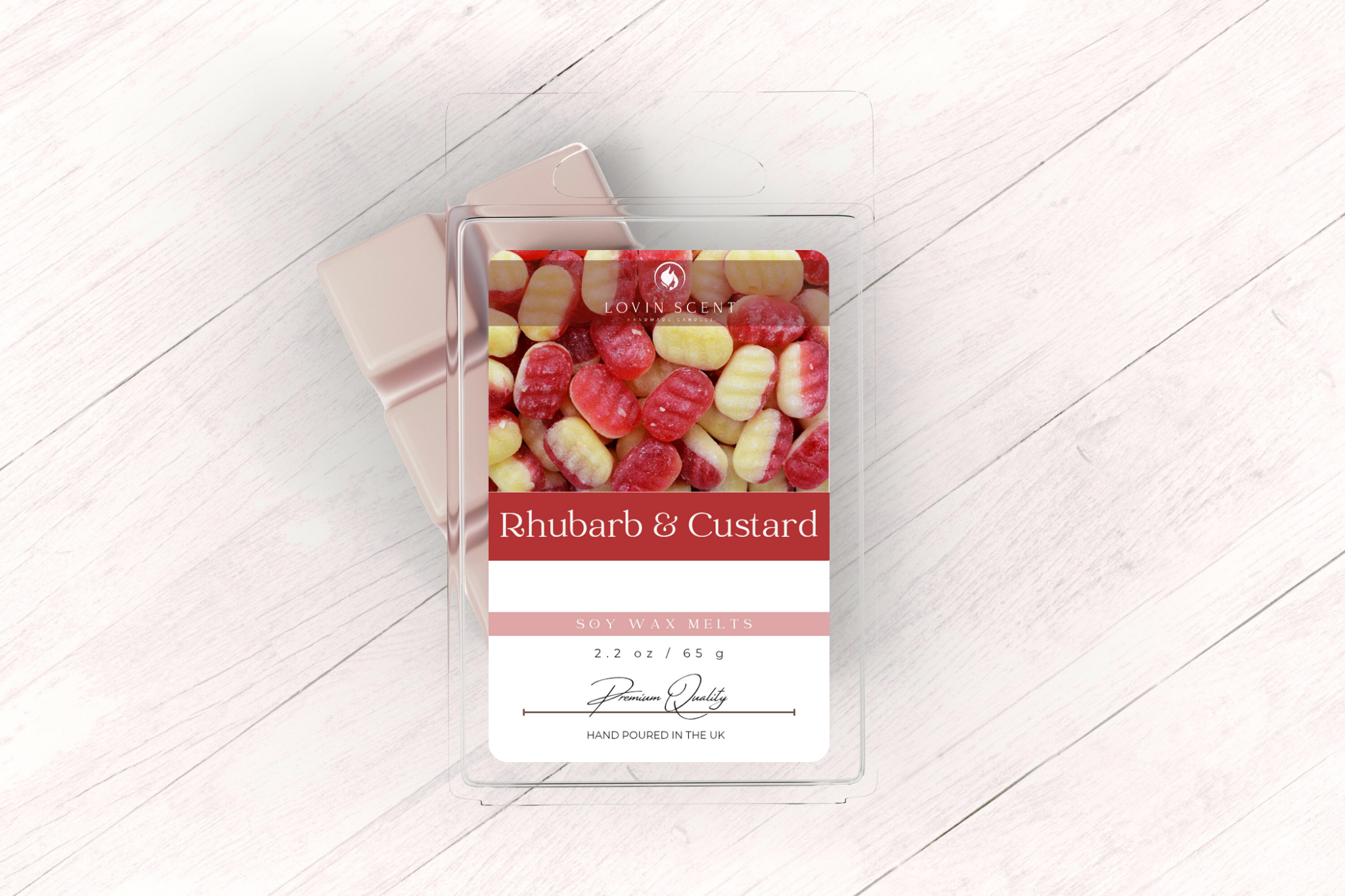 Packaged candy with 'Rhubarb & Custard' flavor on a white surface