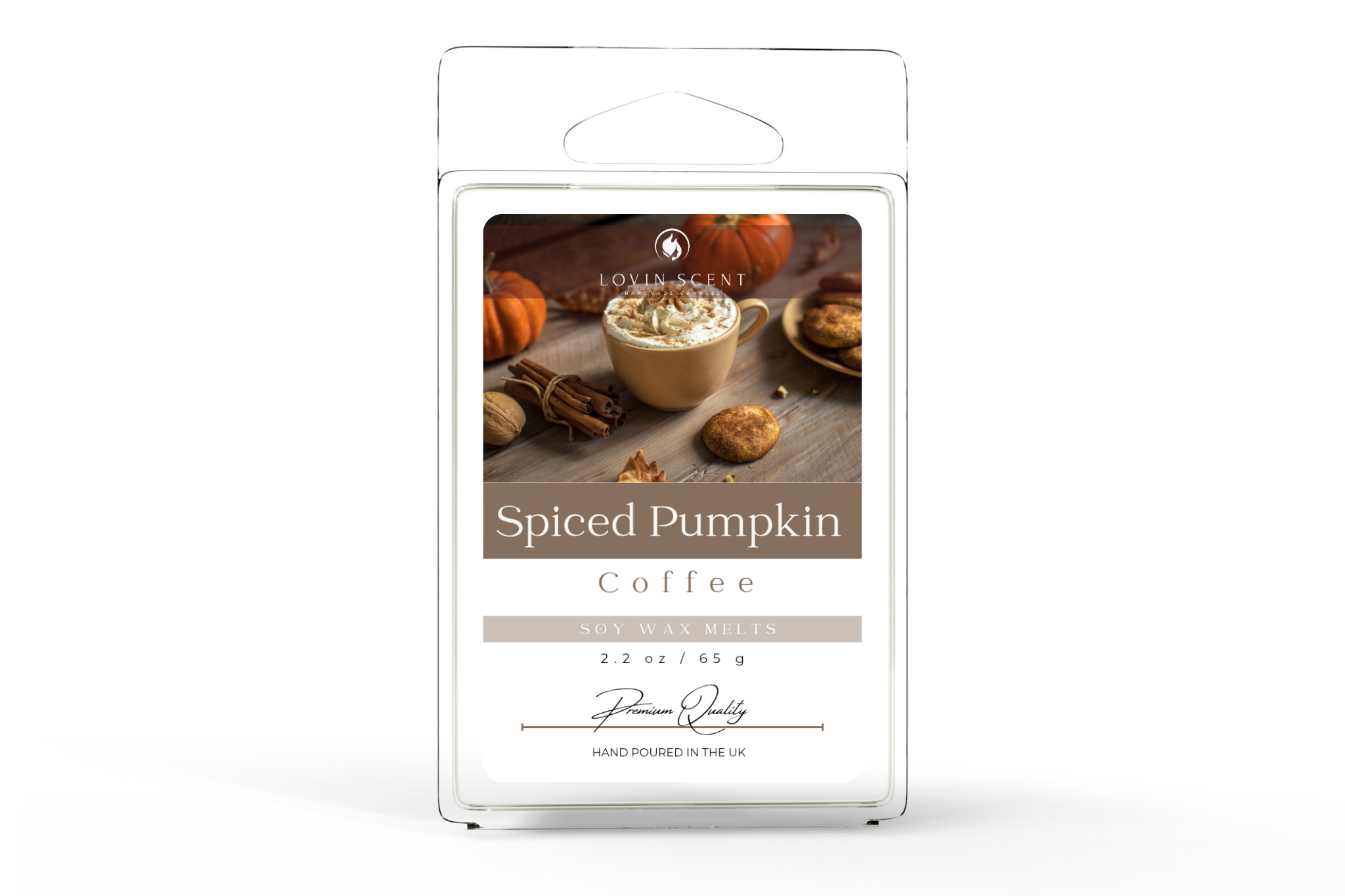 Packaged spiced pumpkin coffee with a white background