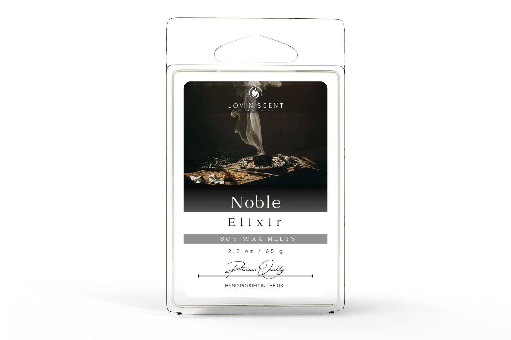 Packaged wax melt with 'Noble Elixir' branding on a white background