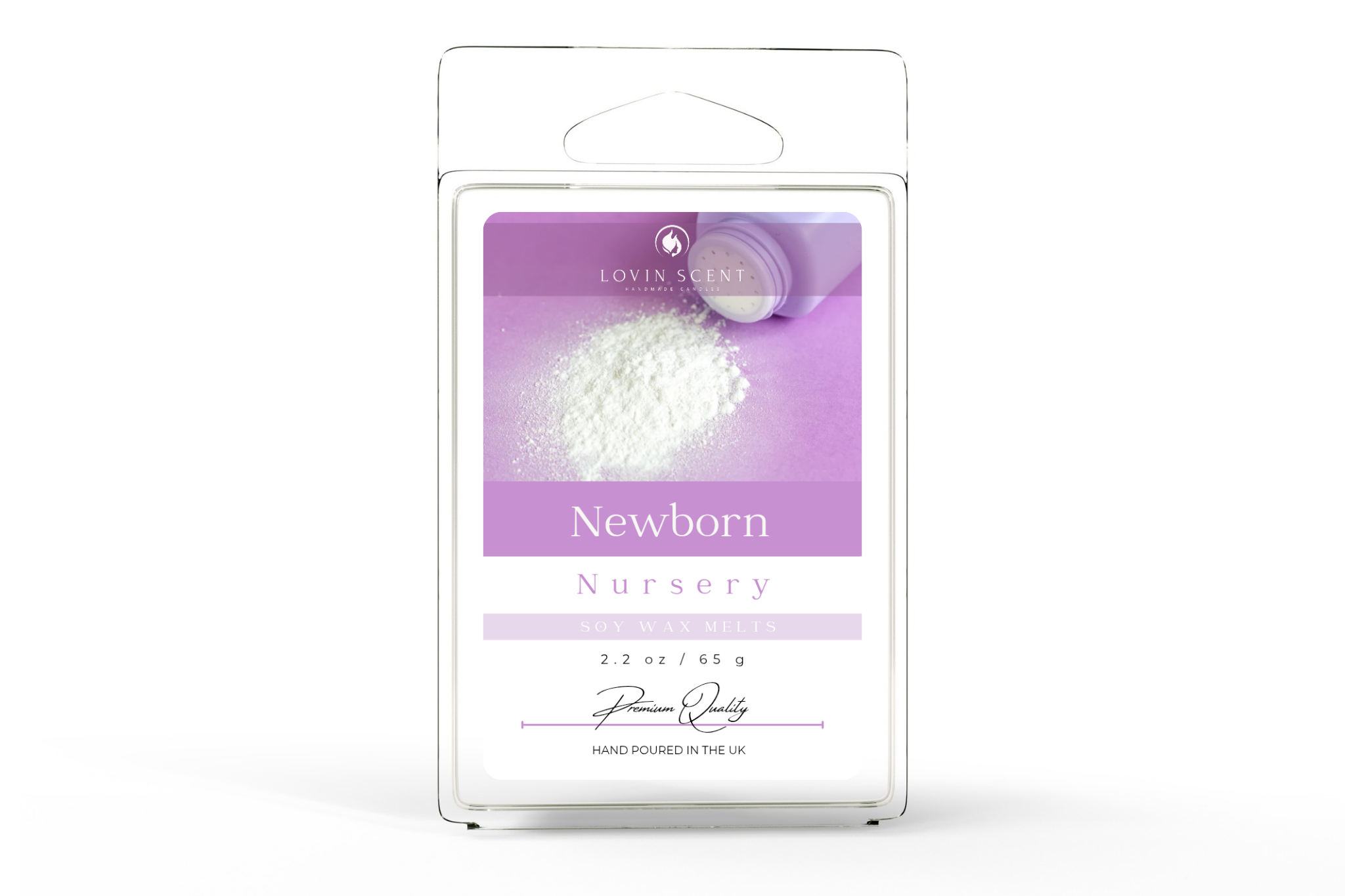 Packaged product labeled 'Newborn Nursery' with a purple label on a white background