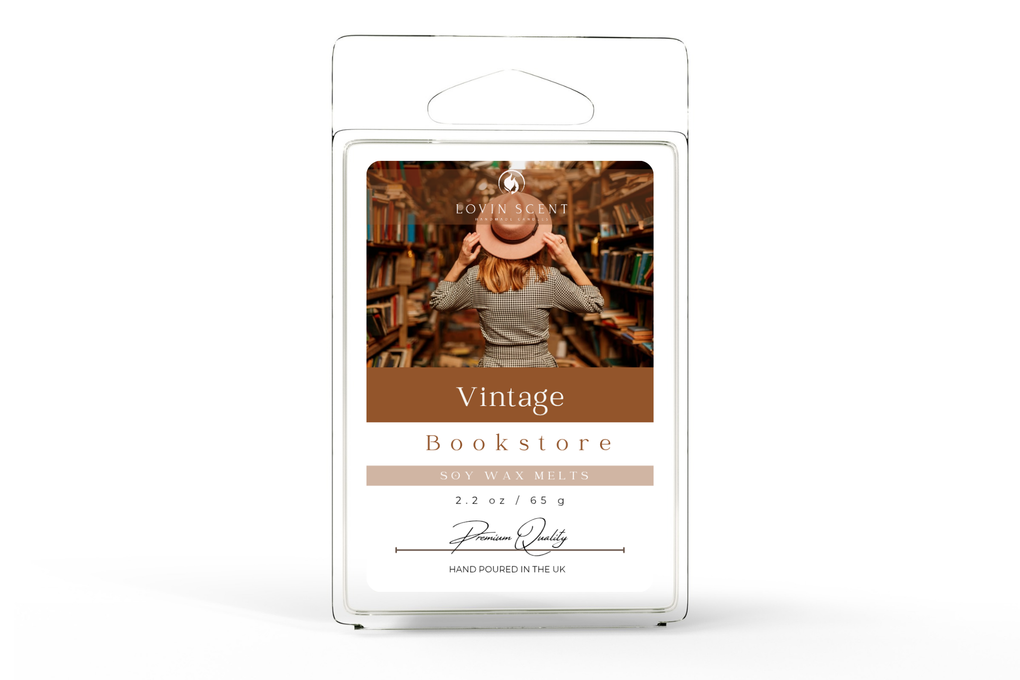 Wax melt packaging with 'Vintage Bookstore' theme on a white background