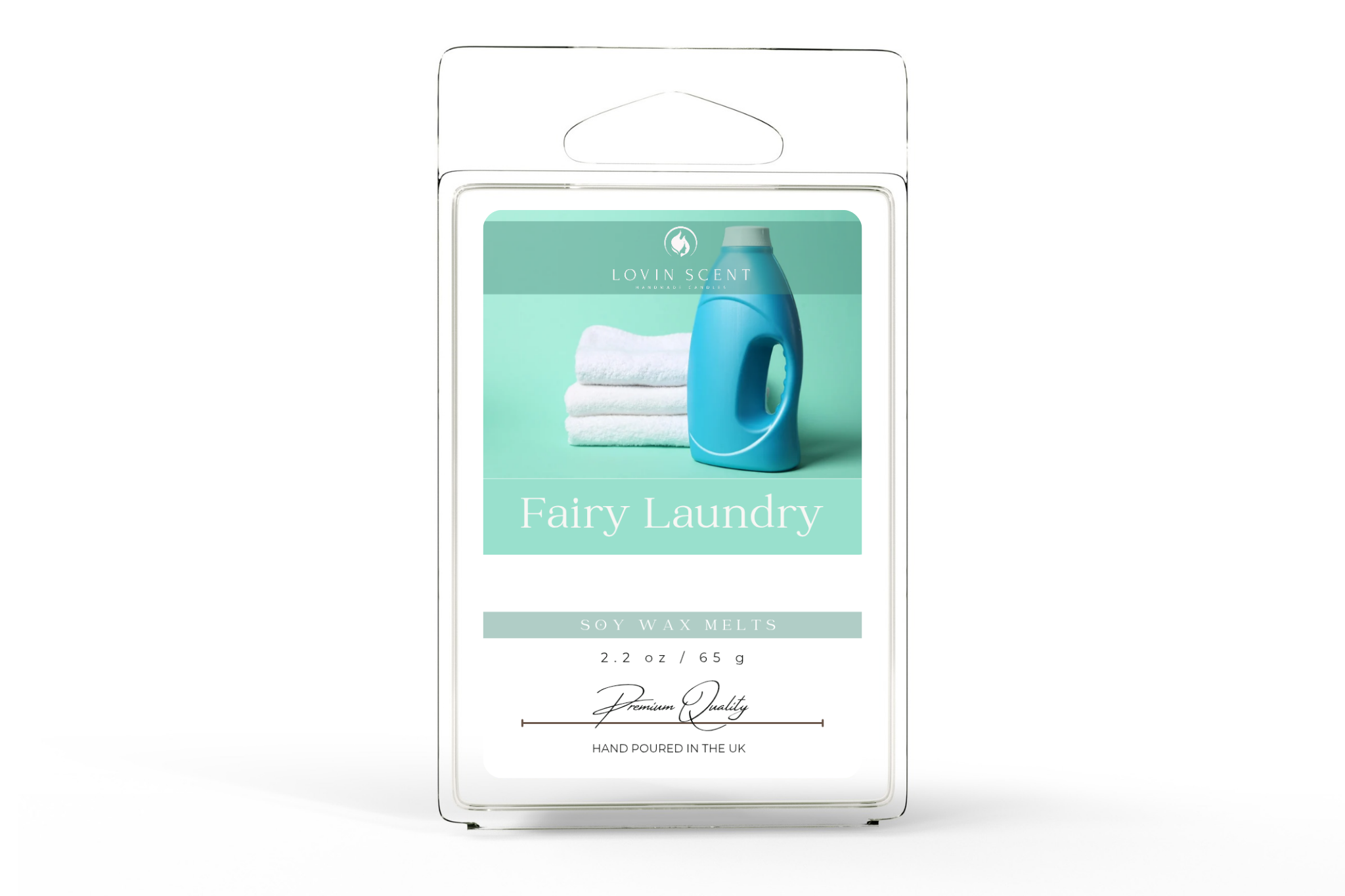Packaging of Fairy Laundry with a blue bottle and white towels on a light green background.