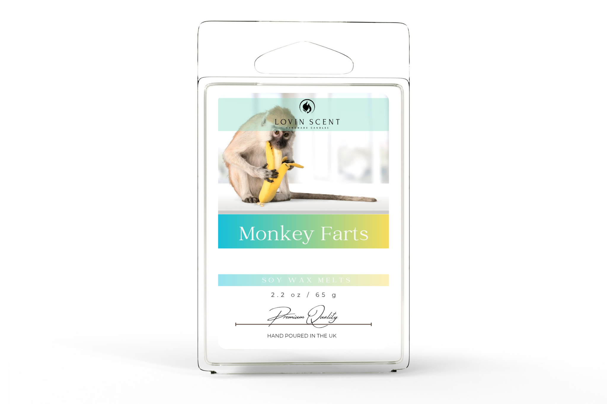 Packaged product labeled 'Monkey Farts' with a monkey illustration on a white background