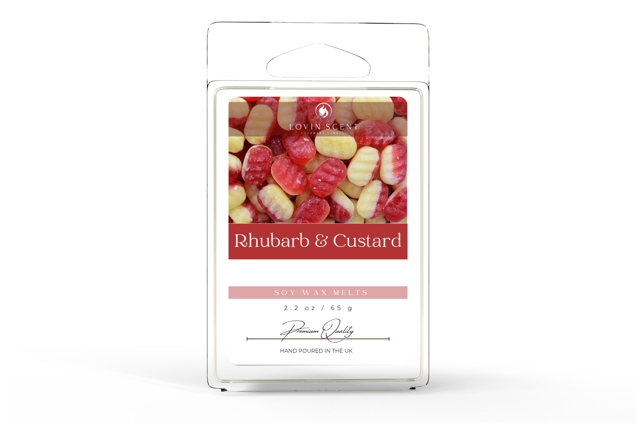 Packaged wax melts with 'Rhubarb & Custard' flavor on a white background