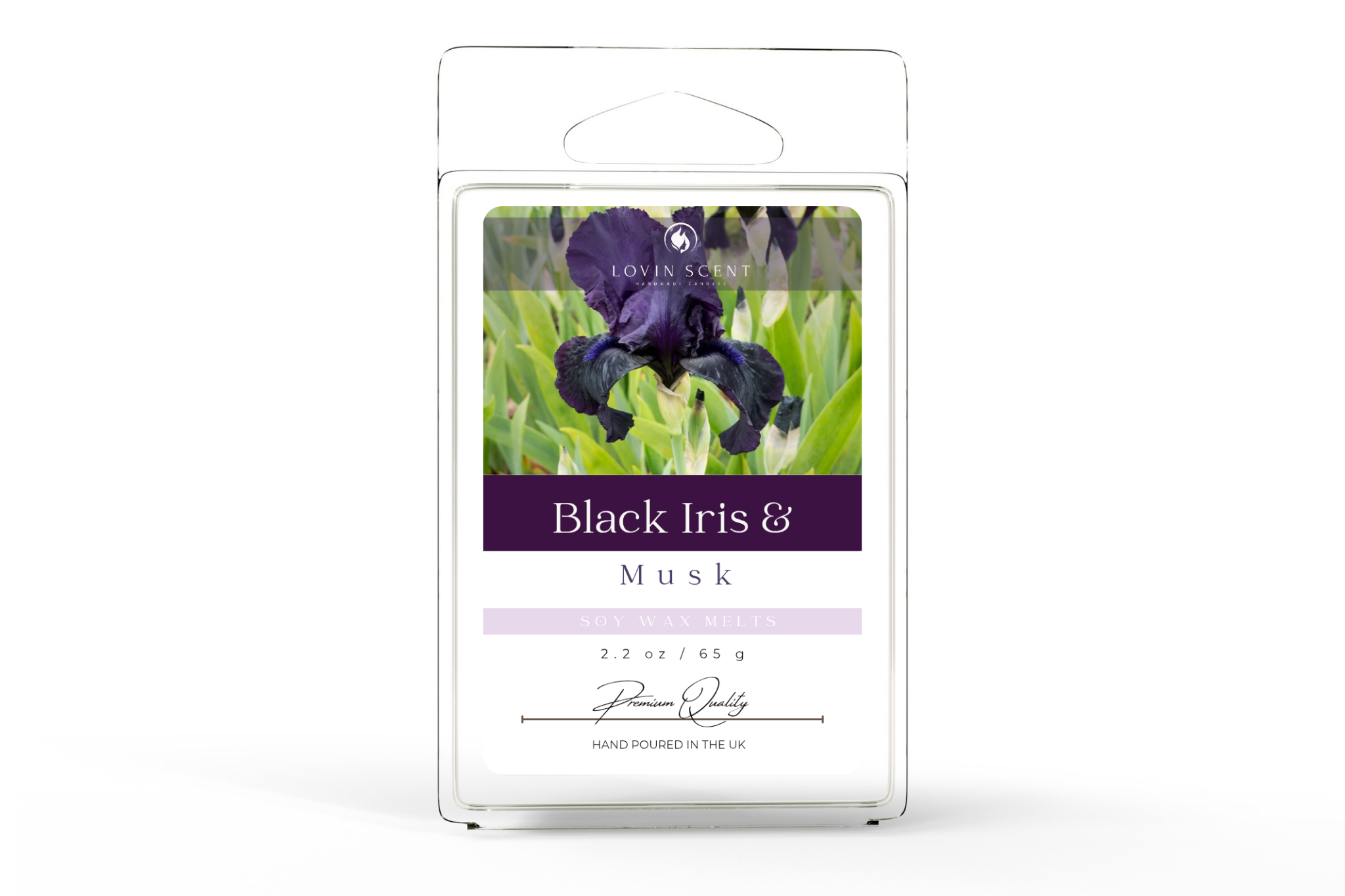 Packaged wax melt with Black Iris & Musk fragrance on a white background