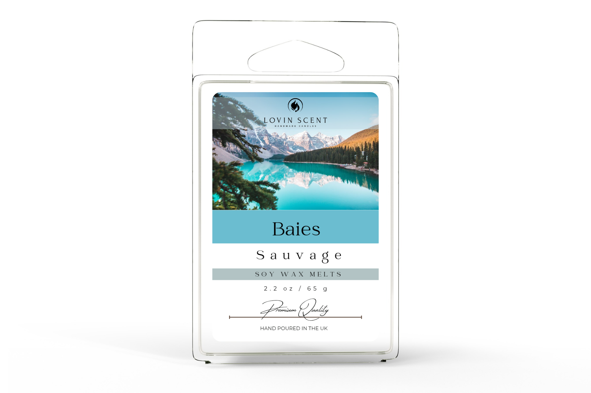 Lovin Scent Baies Sauvage soy wax melt packaging with mountain and lake design on a white background