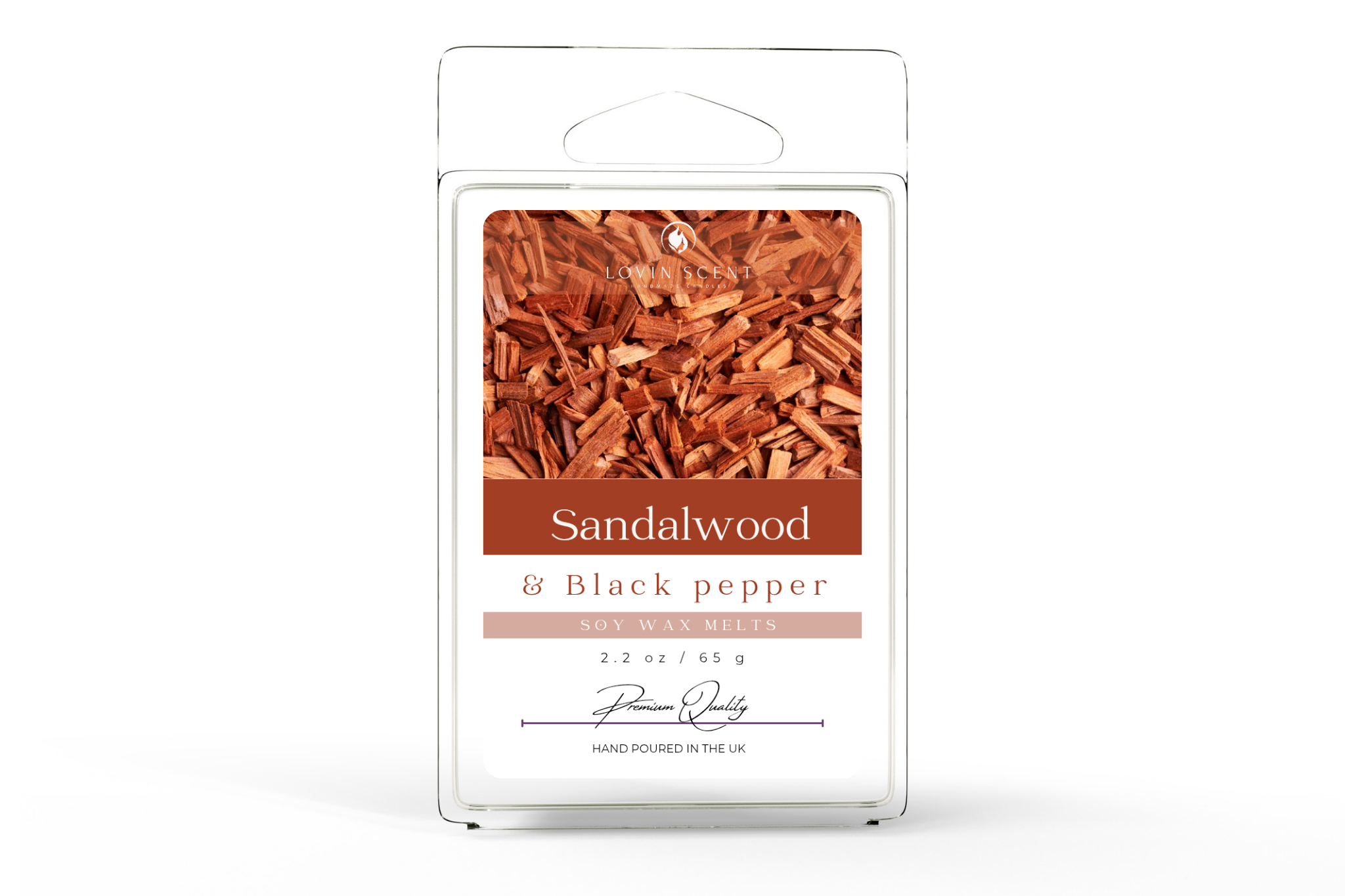 Sandalwood and black pepper wax melt package on a white background