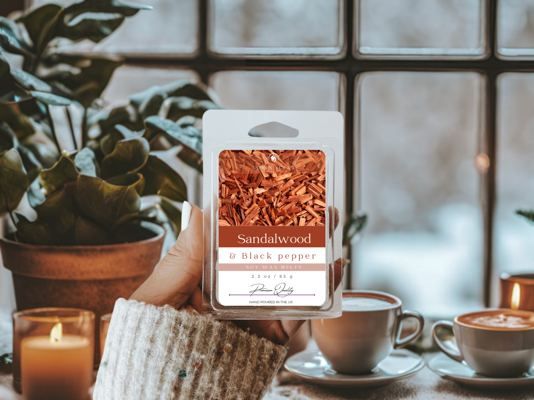 Hand holding a sandalwood and black pepper wax melt