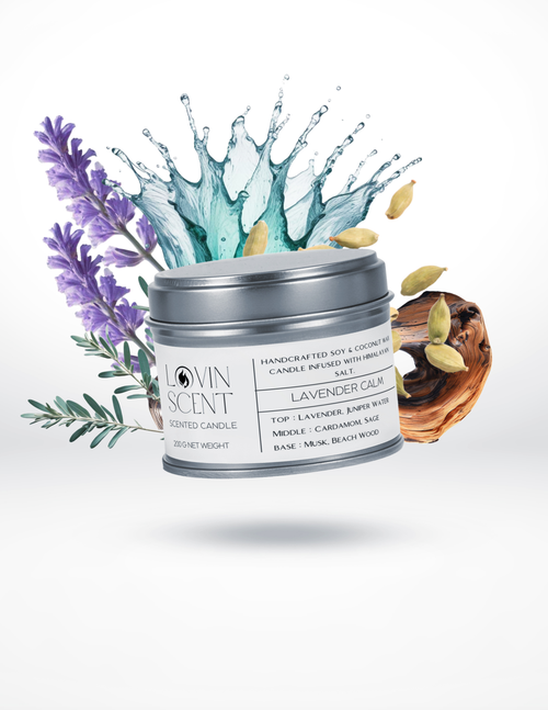 Candle jar with lavender and water splash on a white background