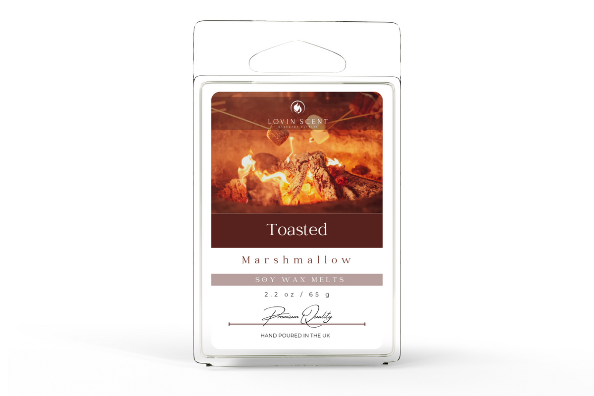Lovinscent toasted marshmallow wax melt with cozy fireside aroma, featuring a warm, toasted marshmallow scent in a decorative wax piece.