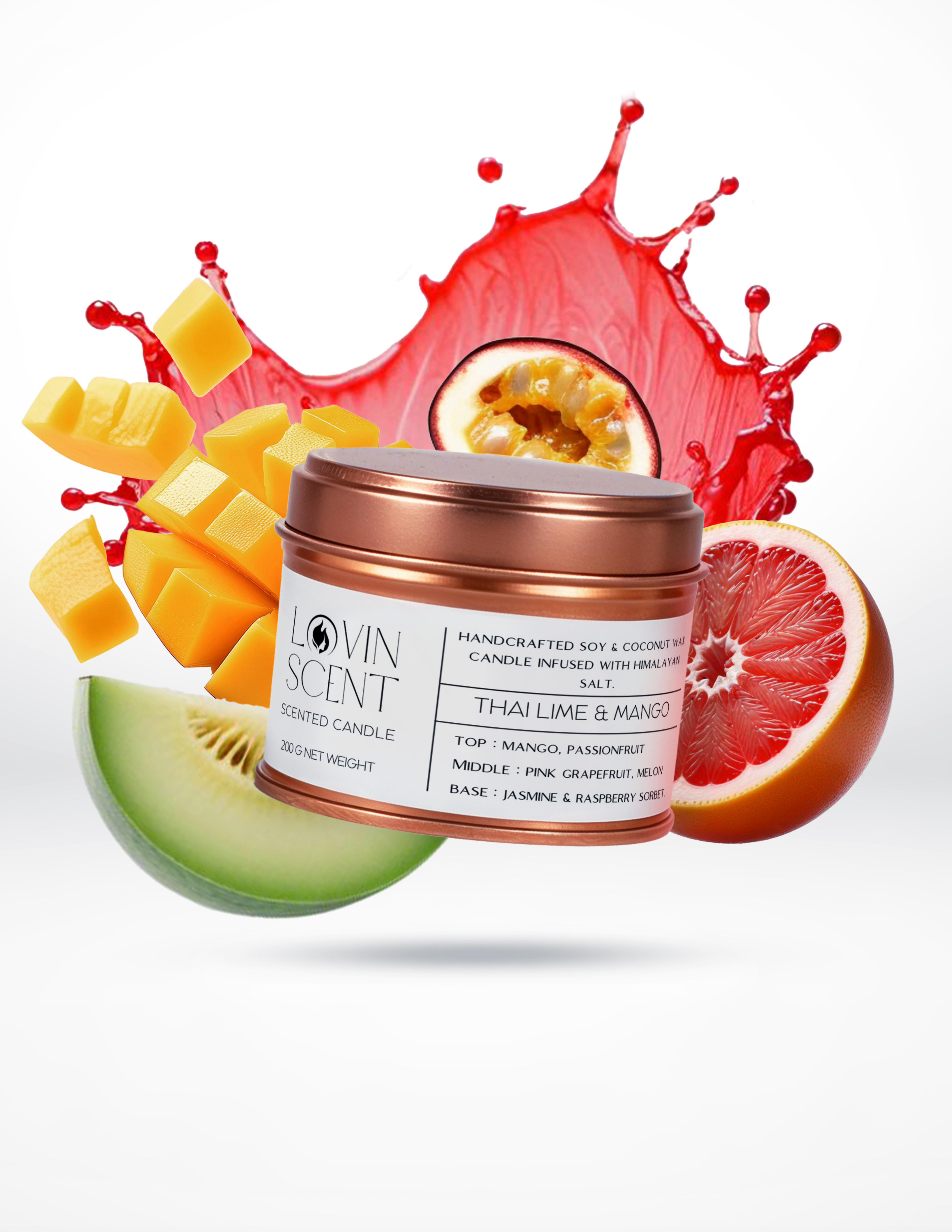 Candle with Lovin' Scent branding surrounded by fruit slices on a white background