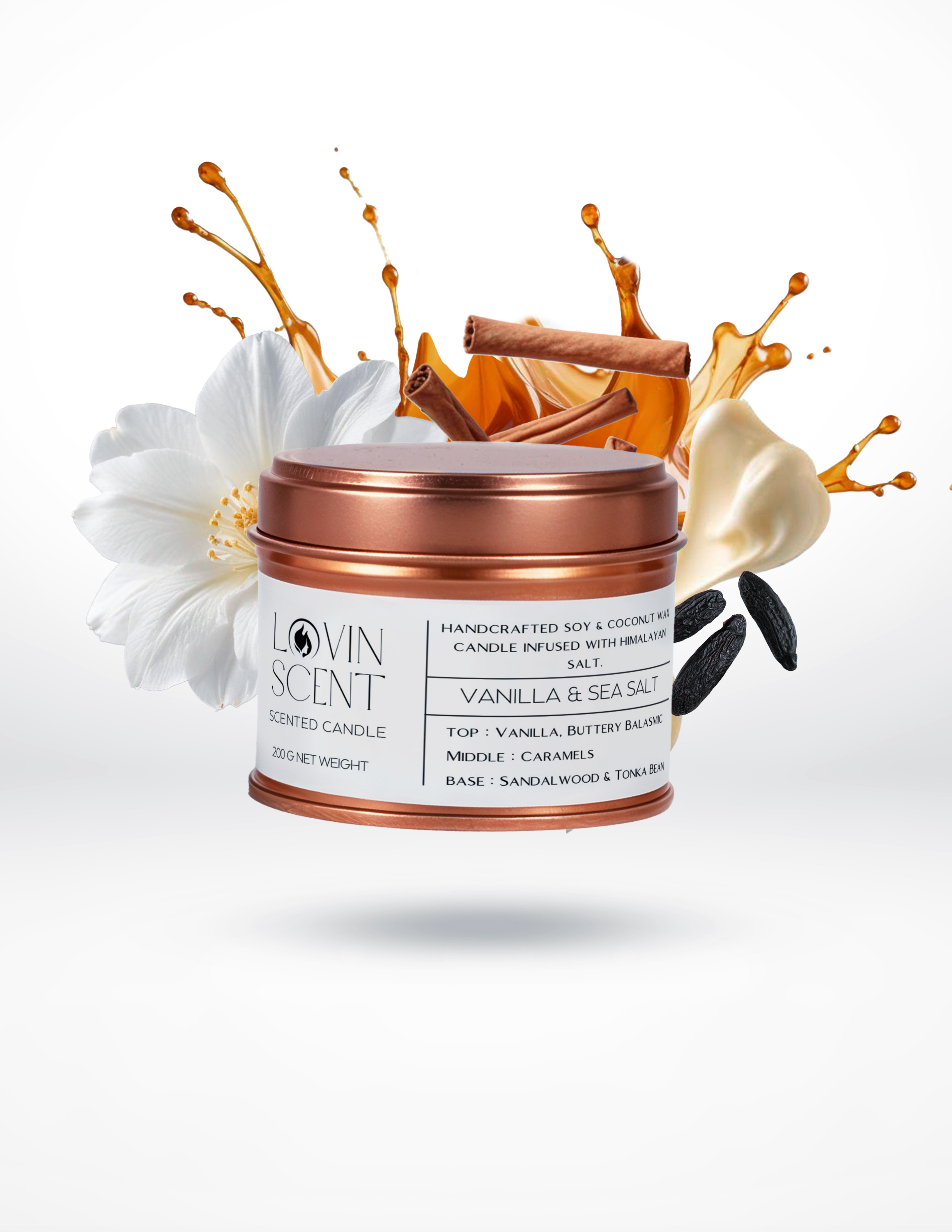 Candle jar with floral and splash design on a white background