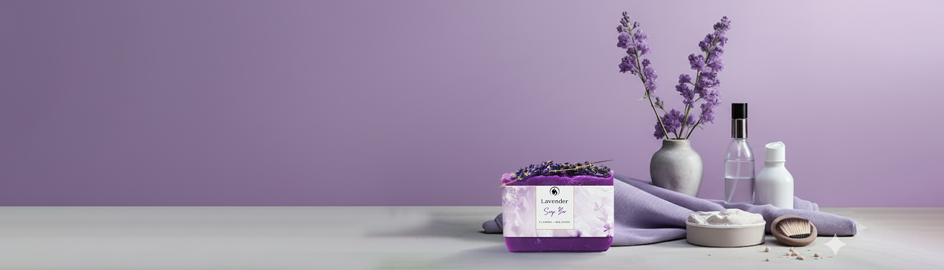 Aromatherapy products including a candle, bottles, and lavender on a light purple background