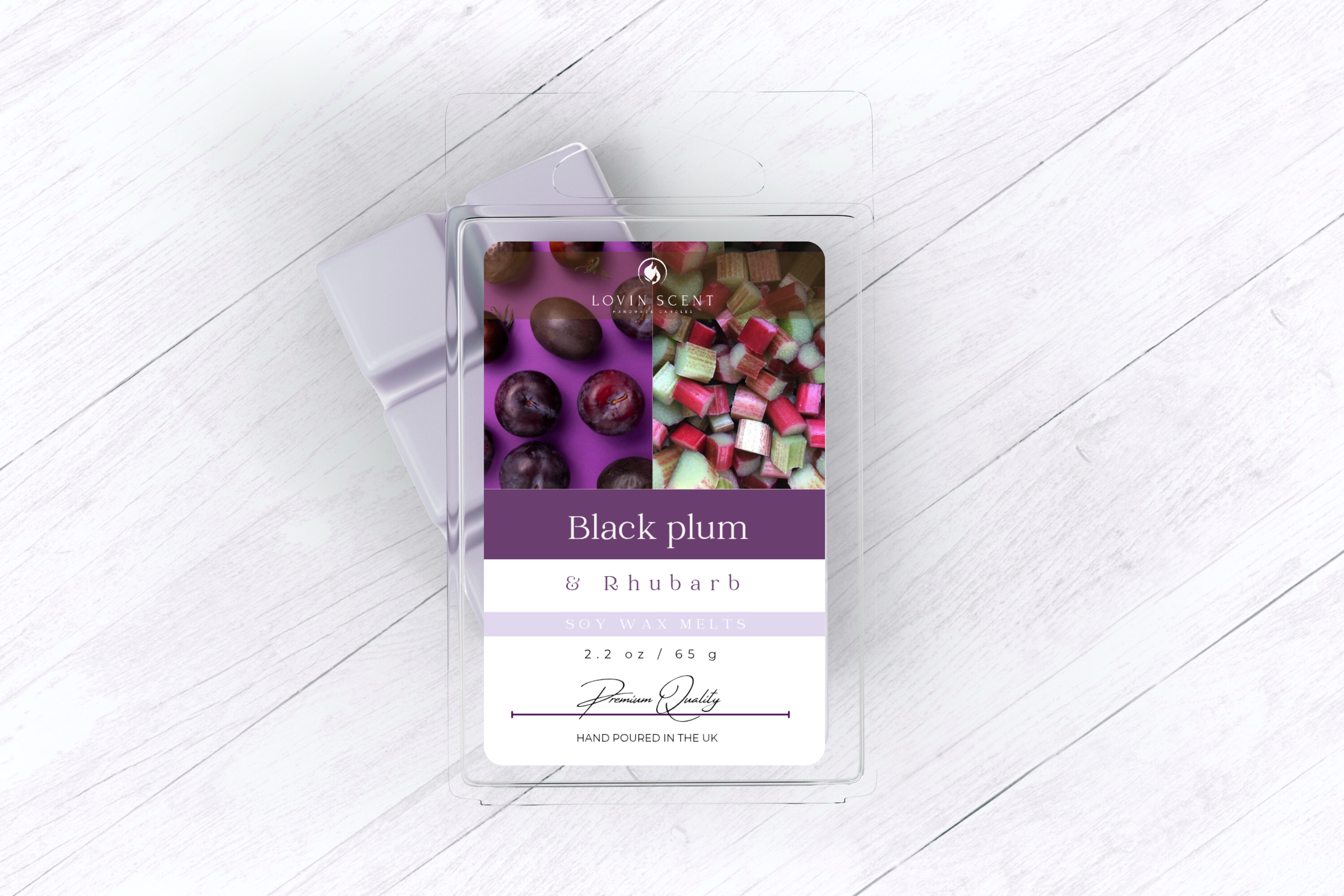 Packaged product with a label on a white wooden surface