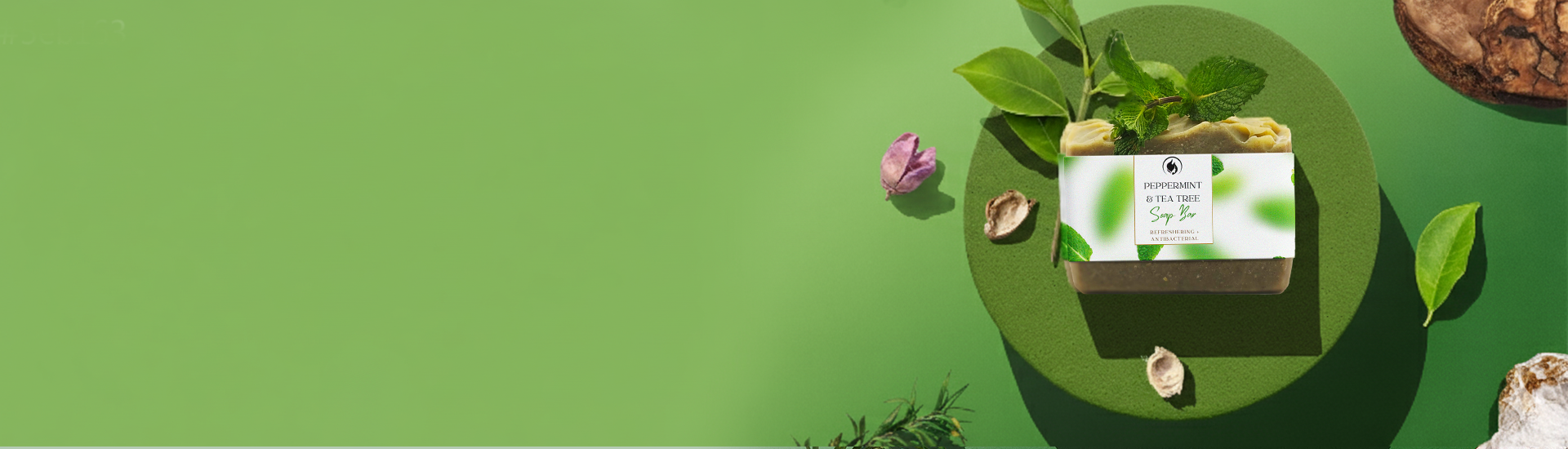 Product packaging on a green background with leaves and flowers