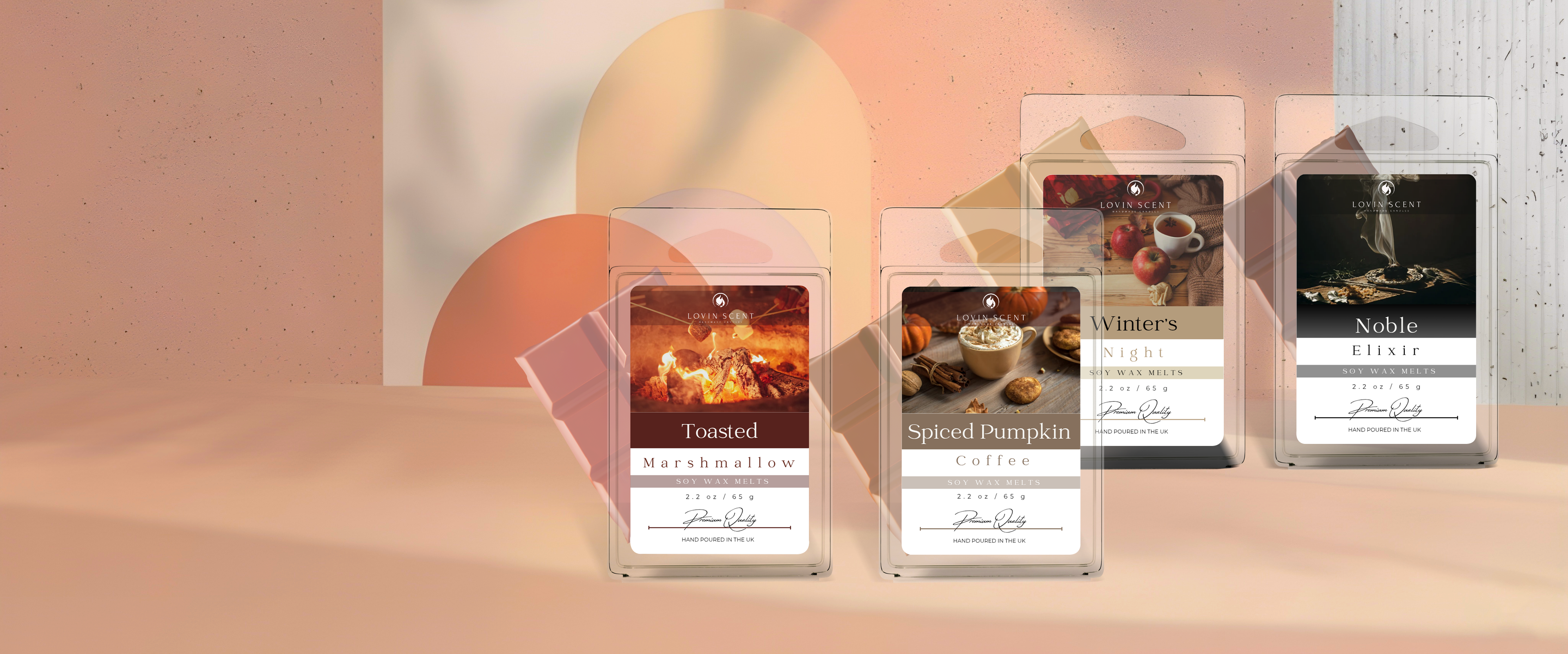 Four packages of Nibbles & Such coffee on a peach-colored background