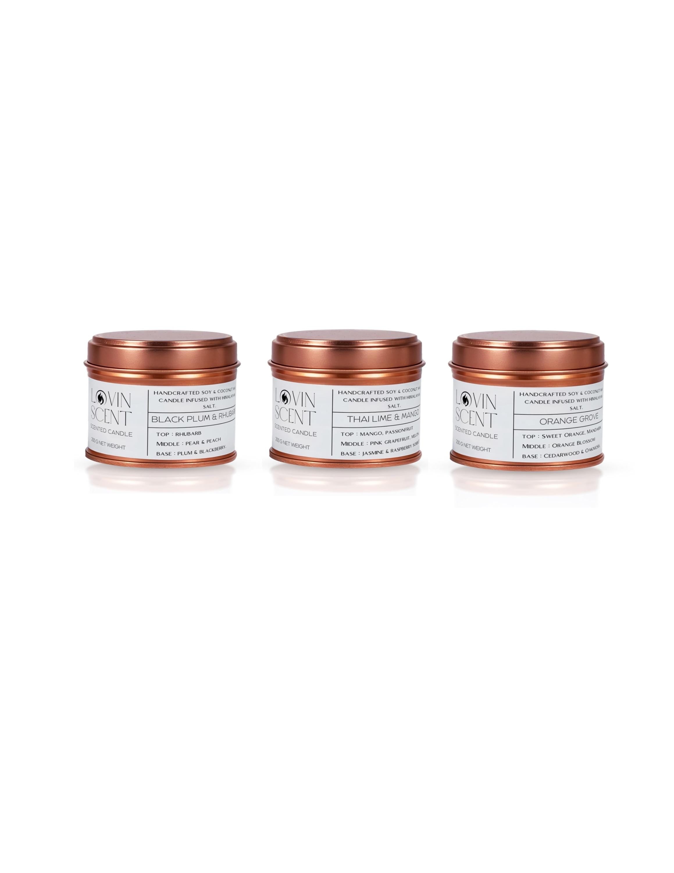 Three small containers with copper lids on a white background