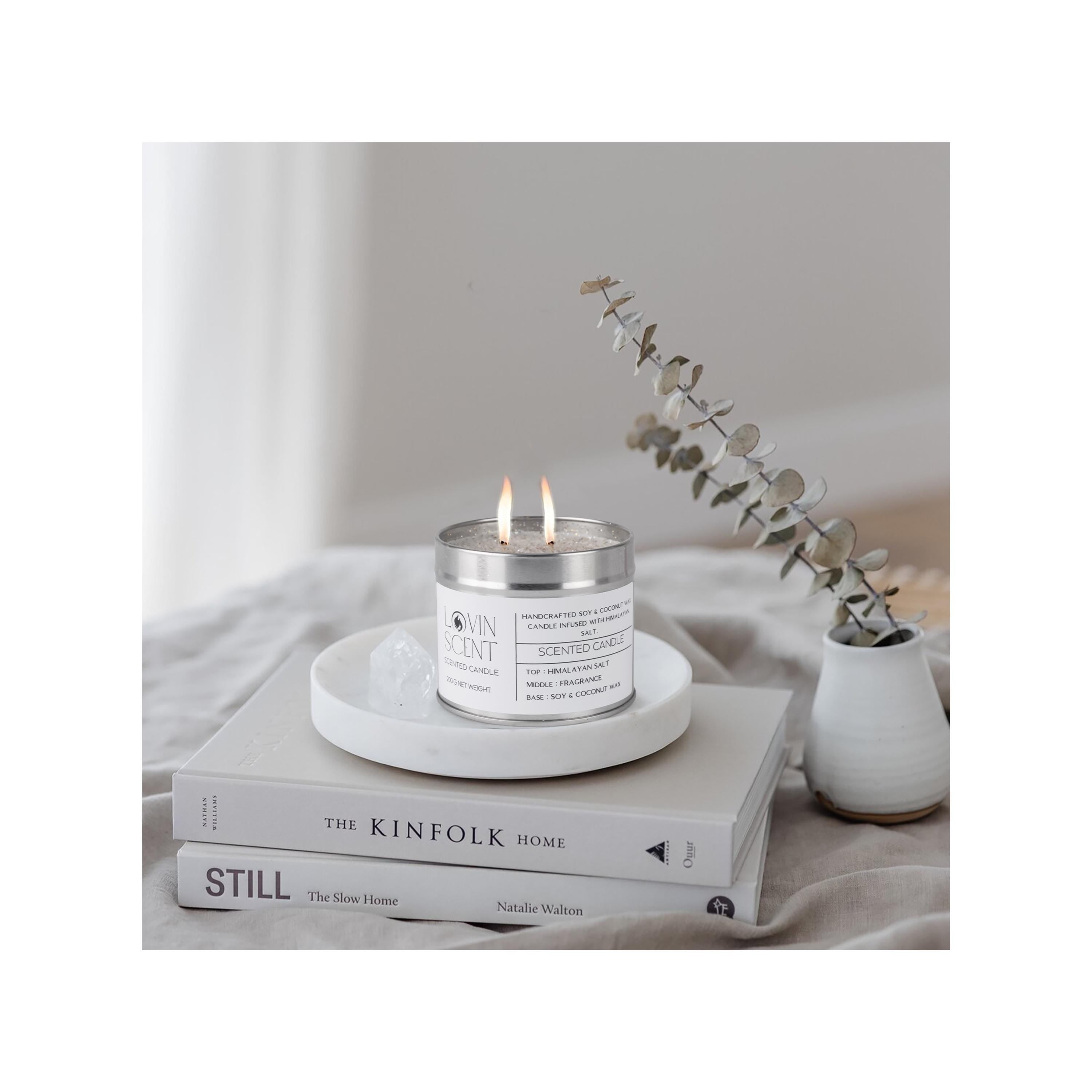 Candle in a tin with a silver lid on top of books, with a small plant in the background.