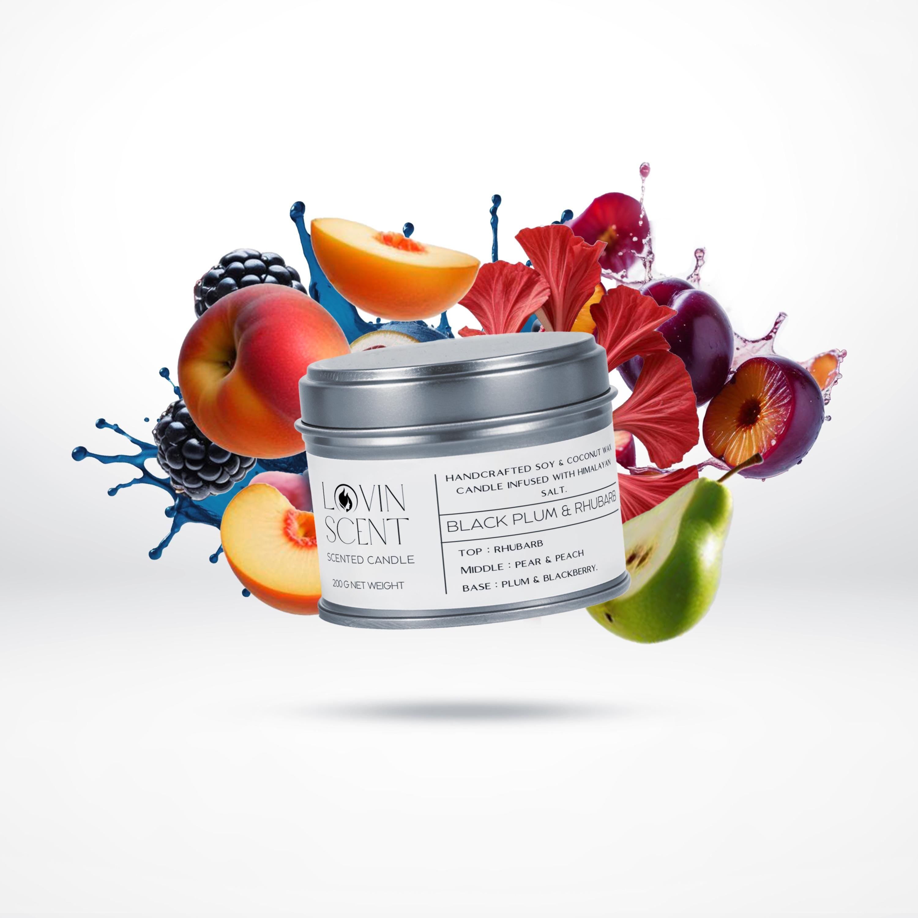 Candle with fruit and flower graphics on a white background