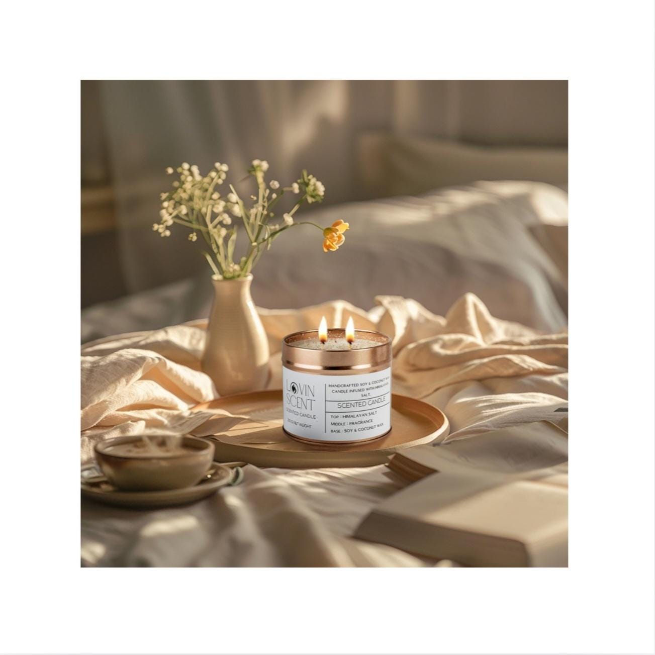 Candle with a wooden lid on a tray, surrounded by flowers and books on a soft surface.