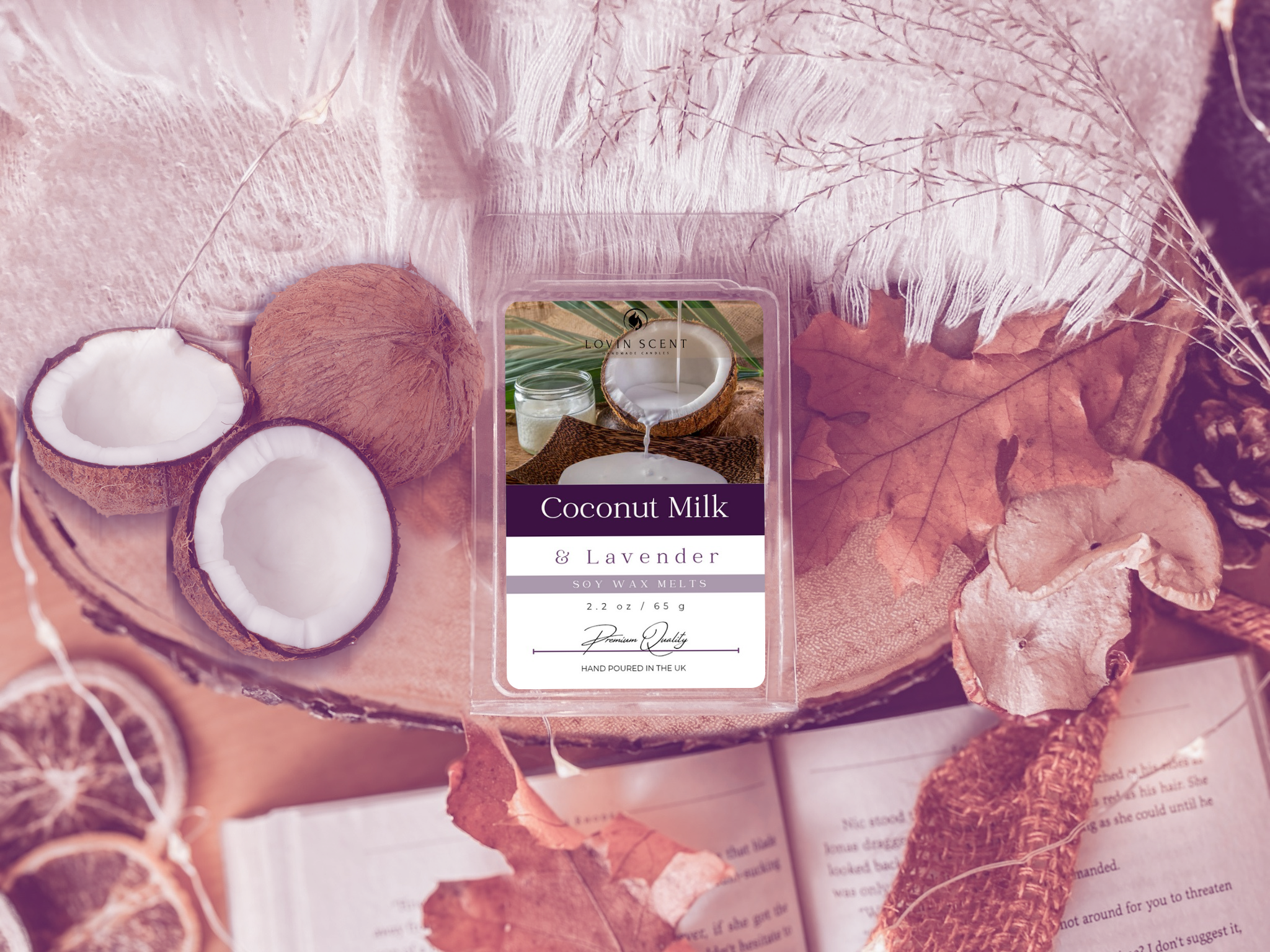 Coconut Milk & Lavender wax melt with decorative elements on a surface