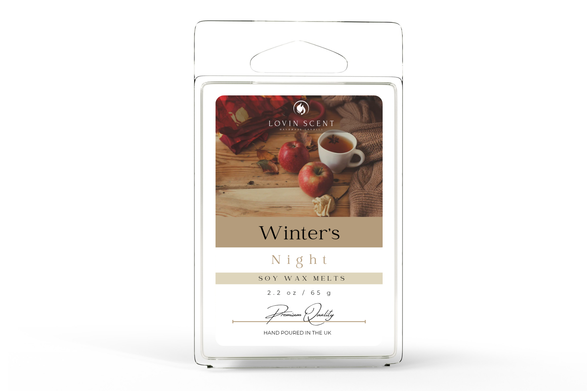 Packaged wax melts with 'Winter's Night' label on a white background