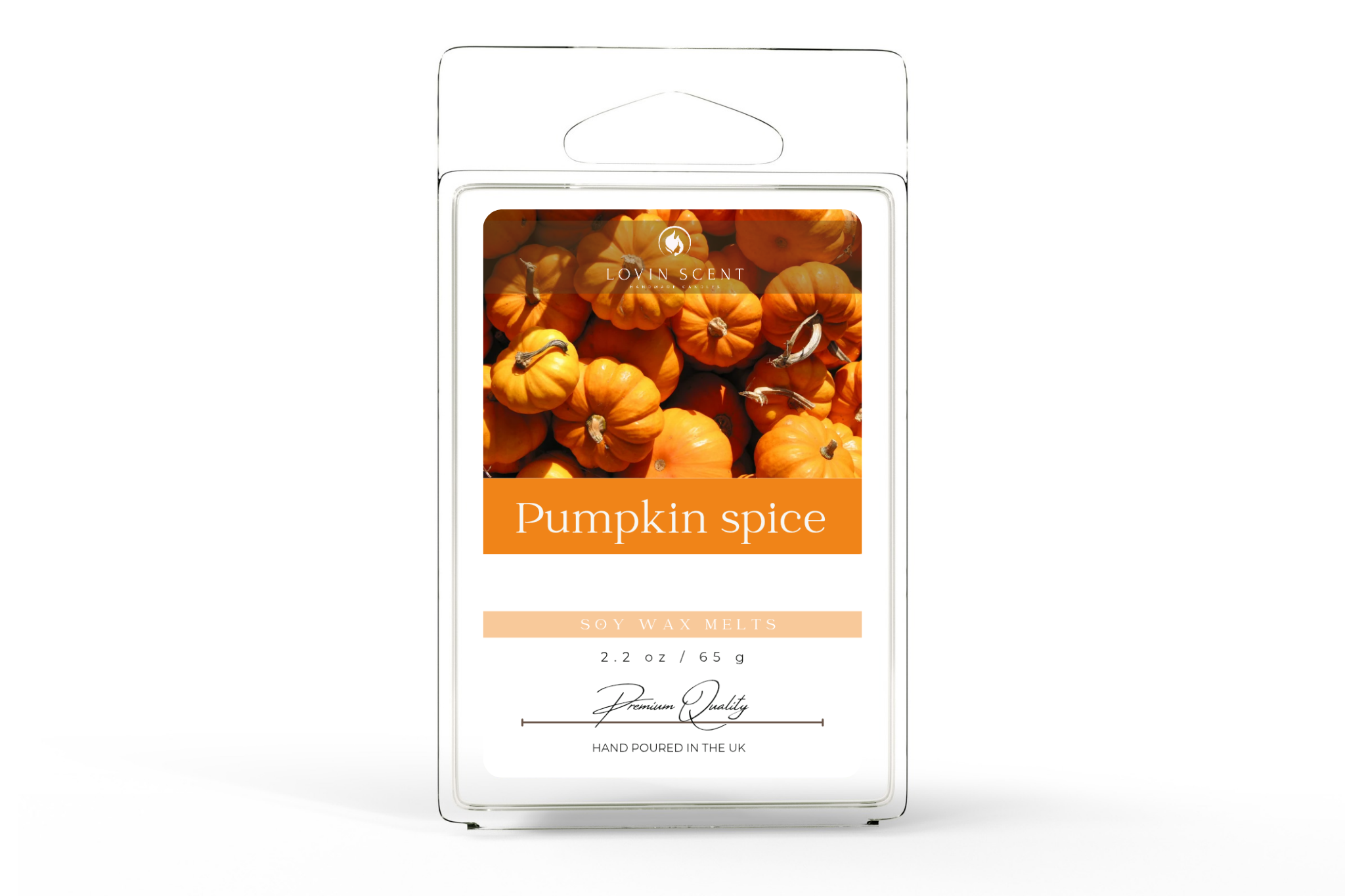 Pumpkin spice wax melt package with pumpkins on a white background