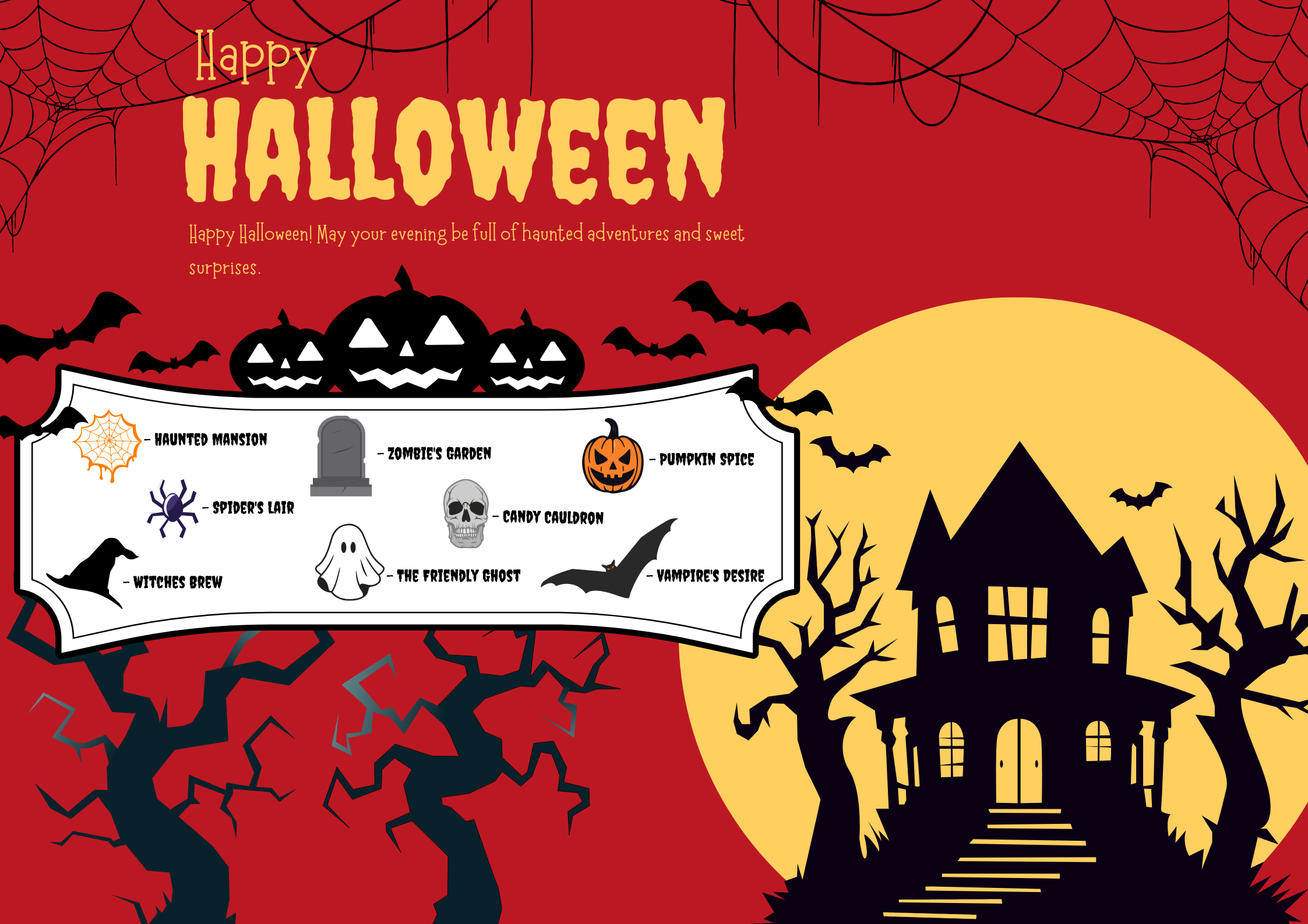 Halloween-themed design with haunted house, pumpkins, and spooky elements on a red background.