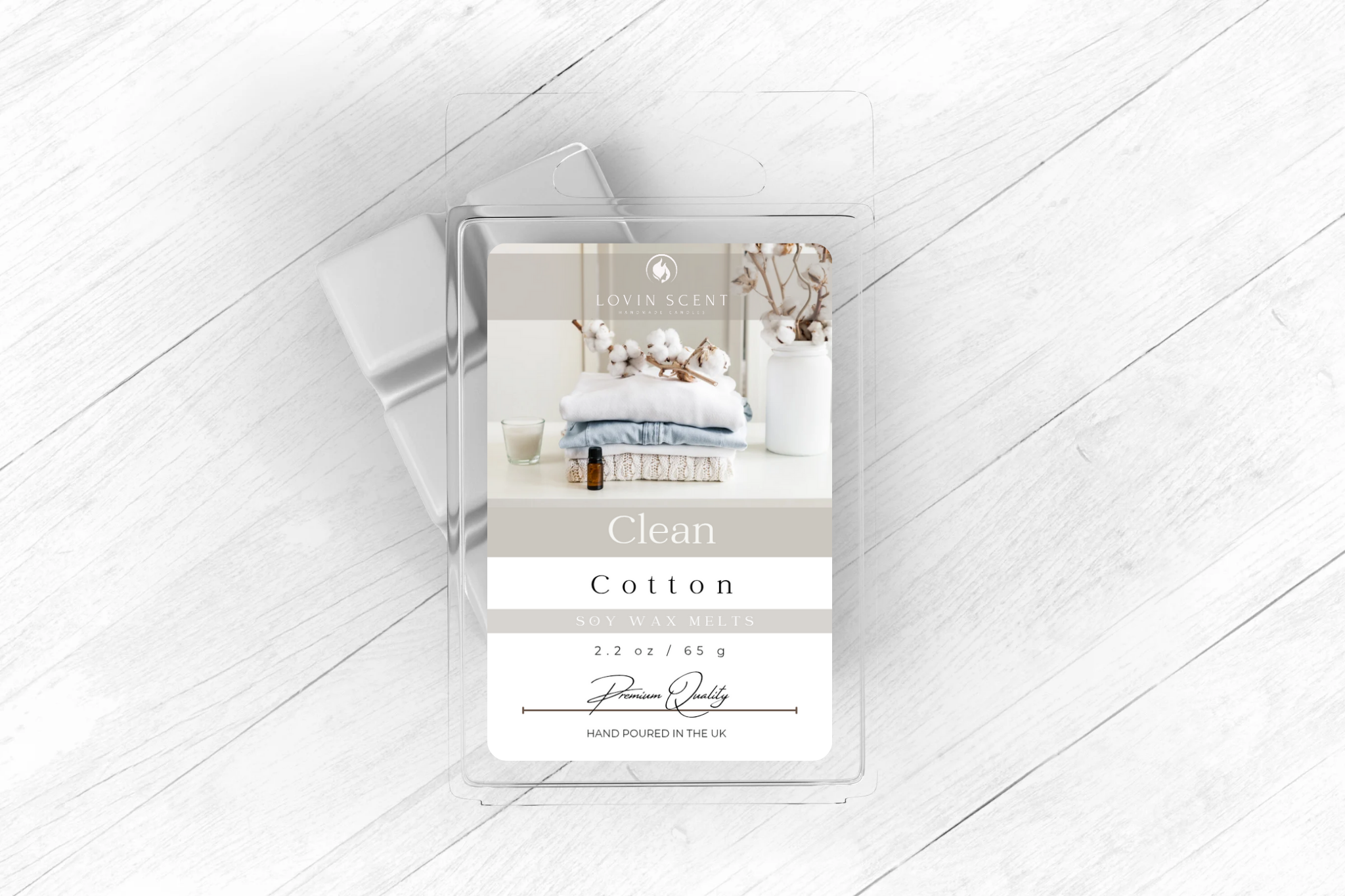 Product packaging with a label on a white wooden surface