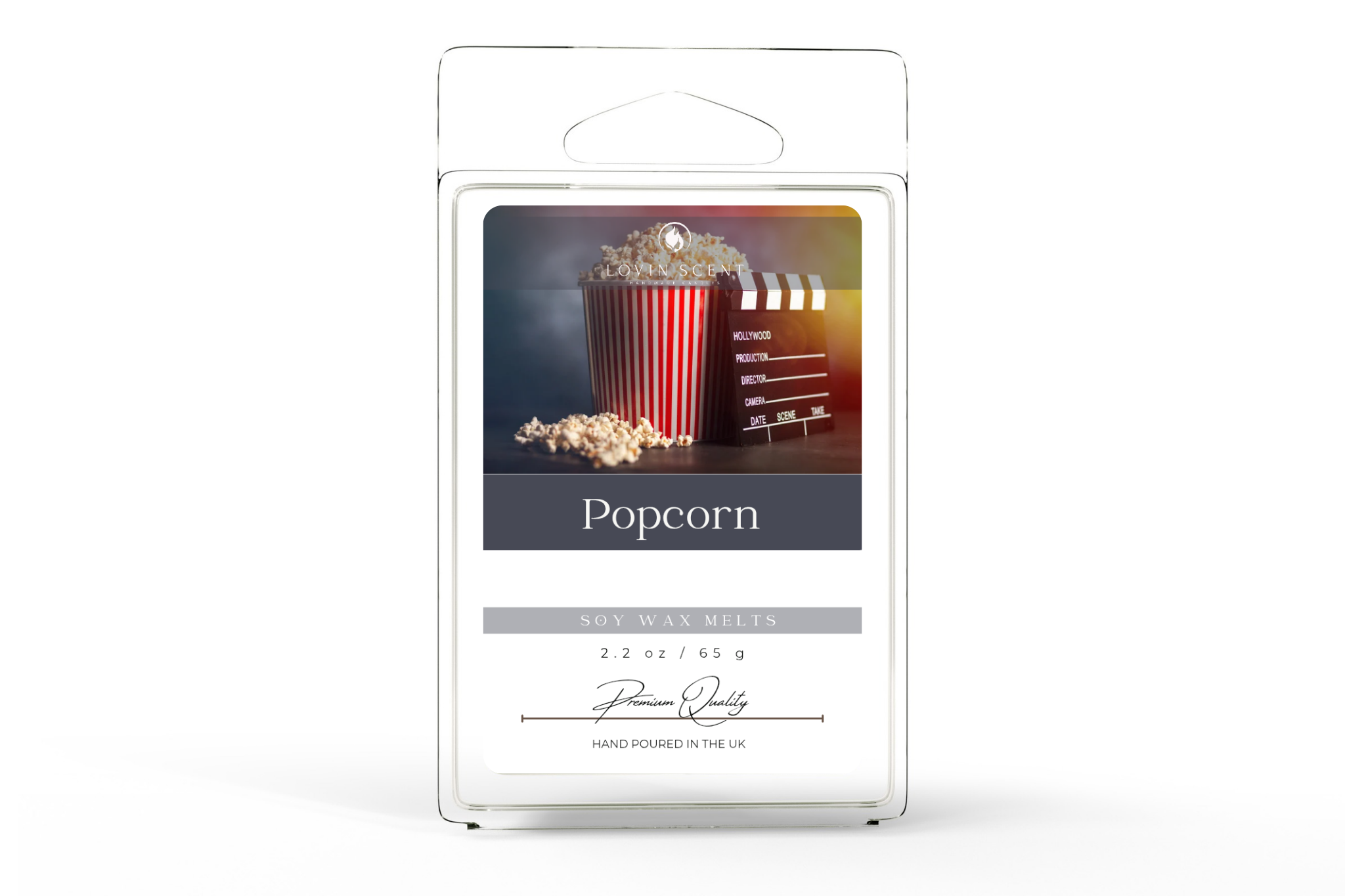 Packaged popcorn-themed wax melt