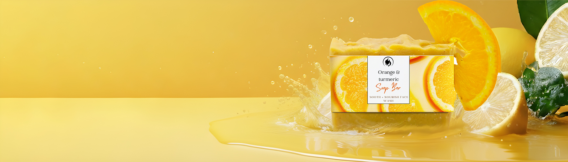 Bar of soap with lemon slices on a yellow background